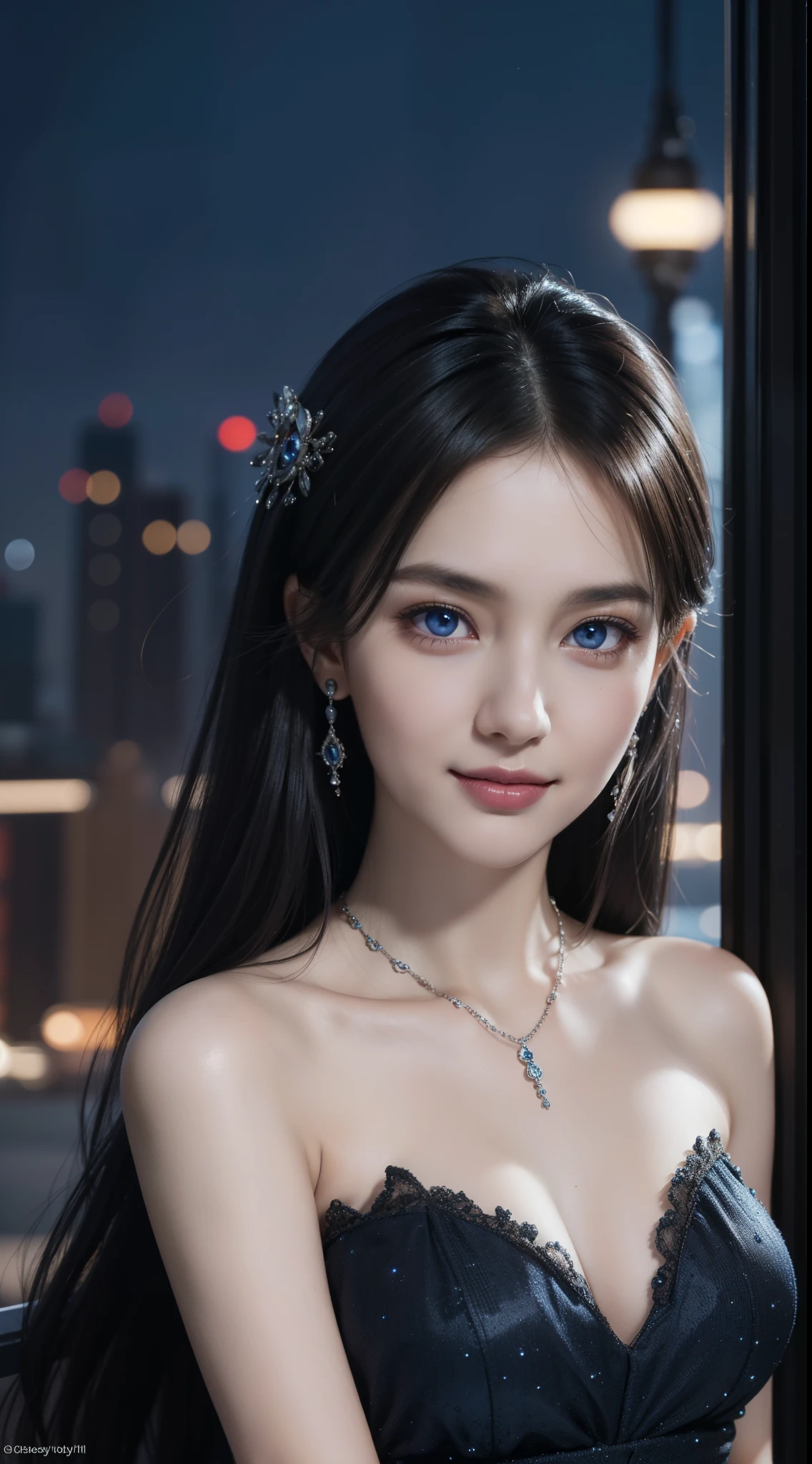 8k, masterpiece, RAW photo, best quality, photorealistic, extremely detailed CG unity 8k wallpaper, Depth of field, Cinematic Light, Lens Flare, Ray tracing, (extremely beautiful face, beautiful lips, beautiful eyes), intricate detail face, ((ultra detailed skin)) 1girl, in the dark, deep shadow, pretty asian girl, ((looking at viewer)),(big smile), (blurry background), midnight, (pretty girl), earrings, bracelets, necklace, clear eyes, (pale skin), face forward, (big eyes), (looking at viewer), large breasts ,((smile)), rooftop, dim lights, ((night)), cityscape, blue eyes, sparkling dress, , mini dress, very short red dress, open breast, veranda, very slim, (medium butt), see through dress, thick thighs, open breast