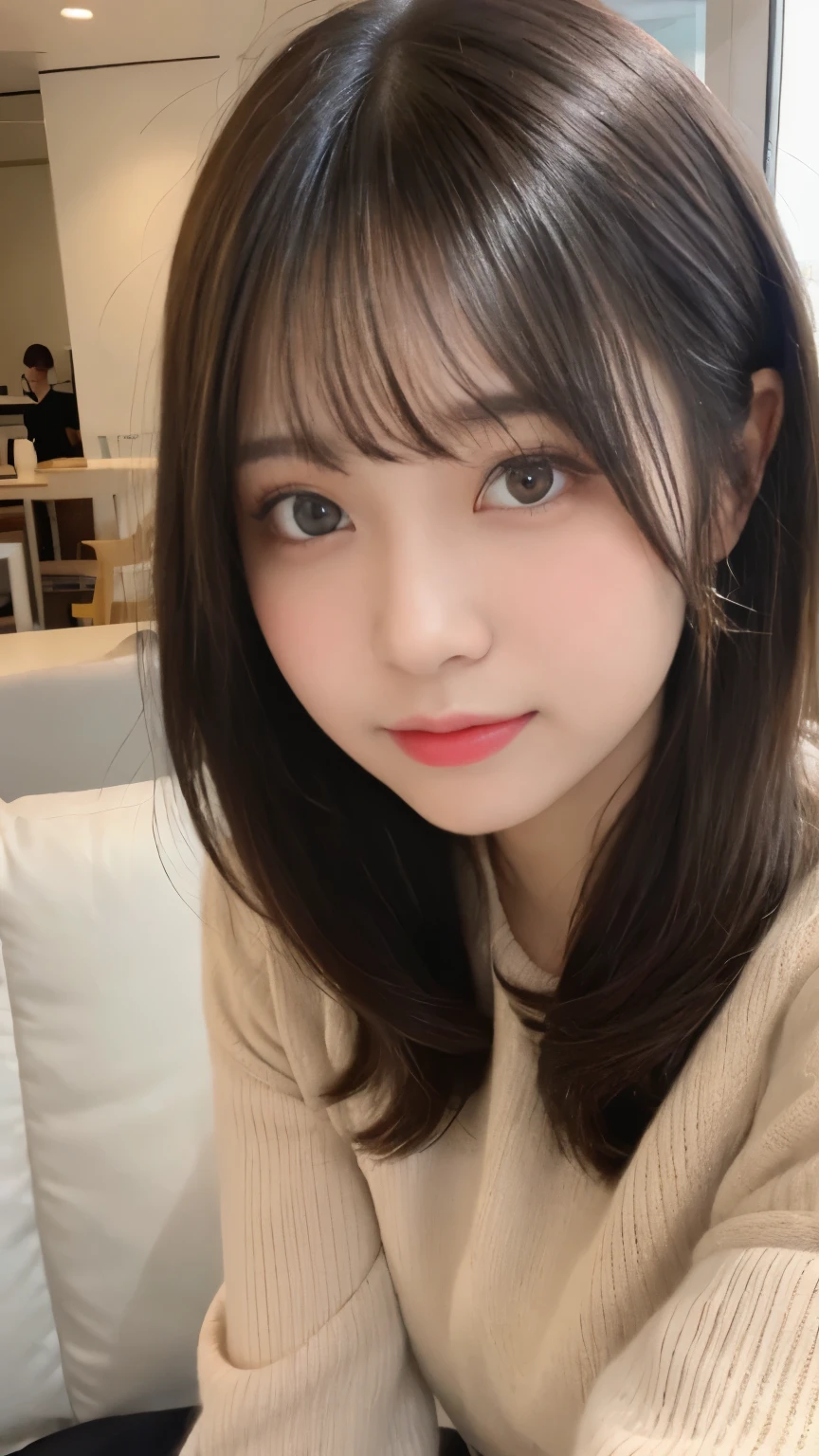N.F.S.W.、highest quality、disorganized、super detailed、finely、High resolution、8k wallpaper、close up of face、perfect dynamic composition、beautiful and fine eyes、Gorgeous knit Korean winter clothes、skirt、Pretty hairstyle、bangs、(princess cut hair)、big breasts、natural color lip、bold sexy pose、smile、Cafe、Japanese、12 year old girl、cute、sexy shot looking at camera、Always blur the background、perfect and beautiful face、Take only the face、beautiful and detailed face、slim face and style