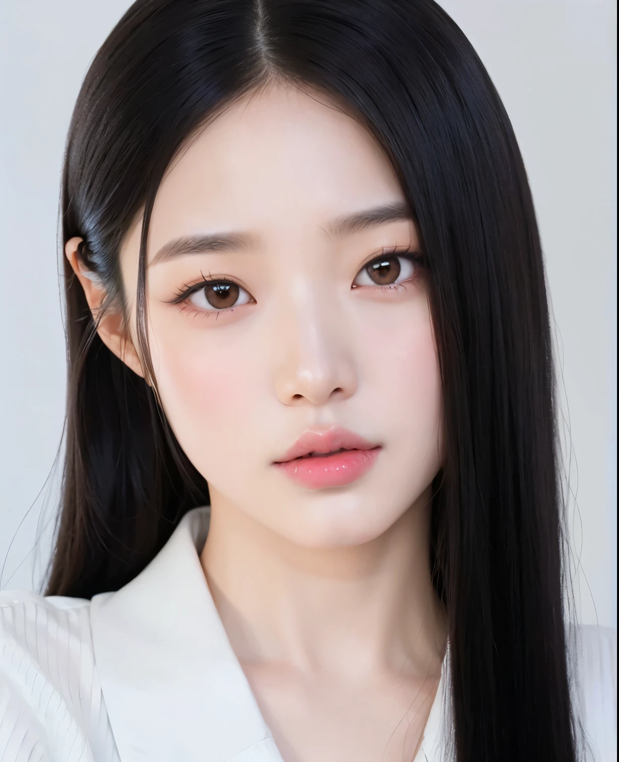 a close up of a woman with long black hair wearing a white shirt, young adorable korean face, wan adorable korean face, jaeyeon nam, popular korean makeup, popular south korean makeup, korean face features, beautiful aesthetic face, korean girl, headshot profile picture, korean symmetrical face, ulzzang, kim doyoung, blackpink jennie, lee ji-eun