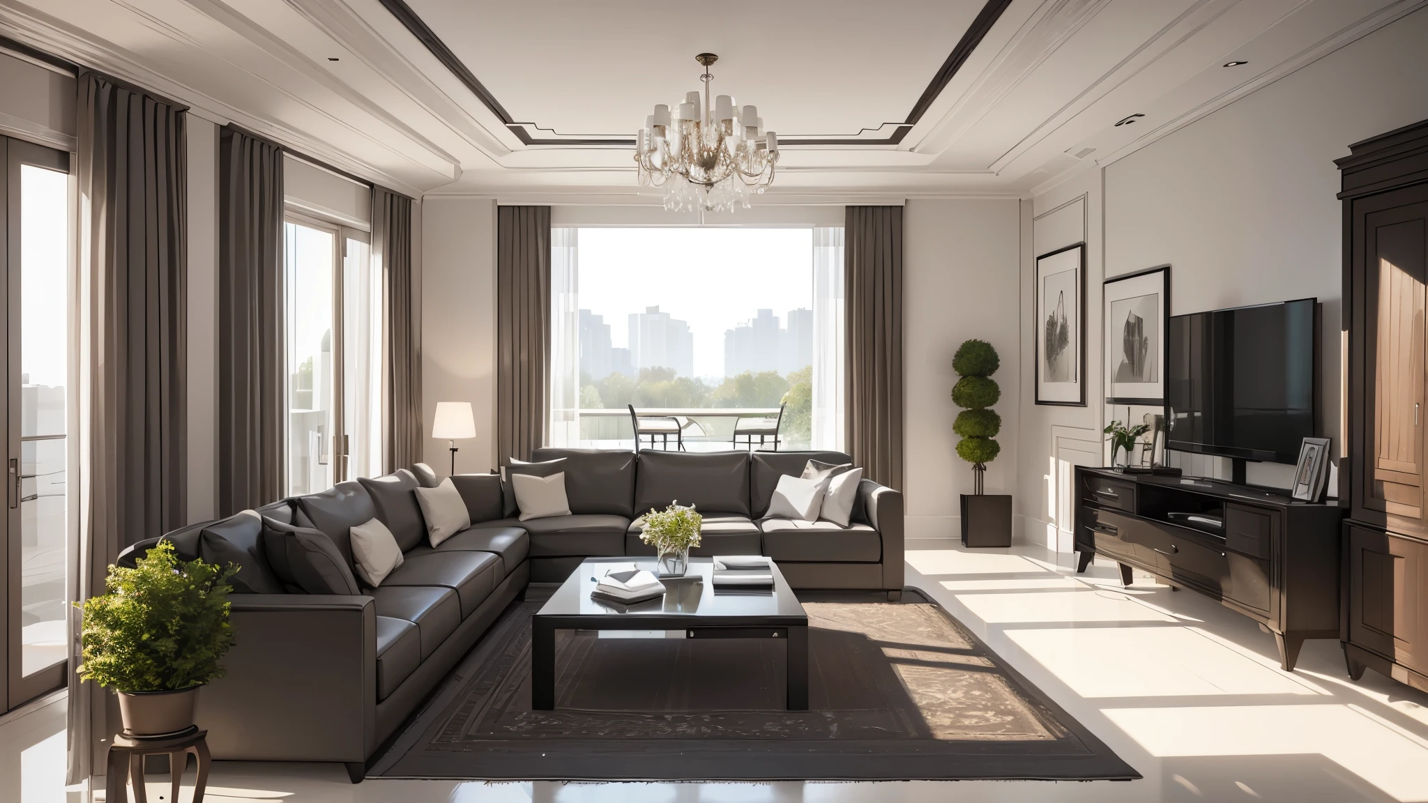 You are a famous interior designer、You have been asked to create a 3D image of a modern large room. Create a harmonious environment with modern and minimalist furniture. Including garden interior.
