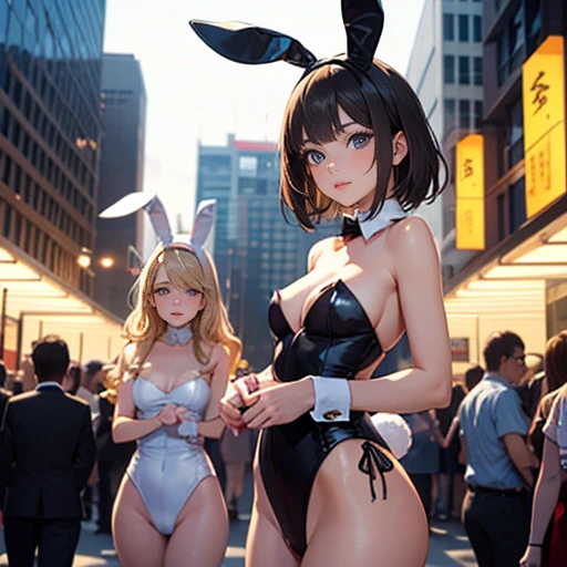 masterpiece, best quality, ultra detailed, beautiful face, beautiful skin, photorealistic, (professional lighting:1.4), breast press each other, (2girls:1.5), light smile, (((on the left is small breasts girl with (very:1.5) short black hair))), (((a little further away on the right is large breasts girl with long blonde hair))), (playboy bunny:1.4), pearl necklace, (erect nipples:1.3), (cameltoe:1.3), looking at viewer, focus on face, ultra sharp, cowboy shot, on street in business district, ultra detailed photo background, (((with the crowd)))