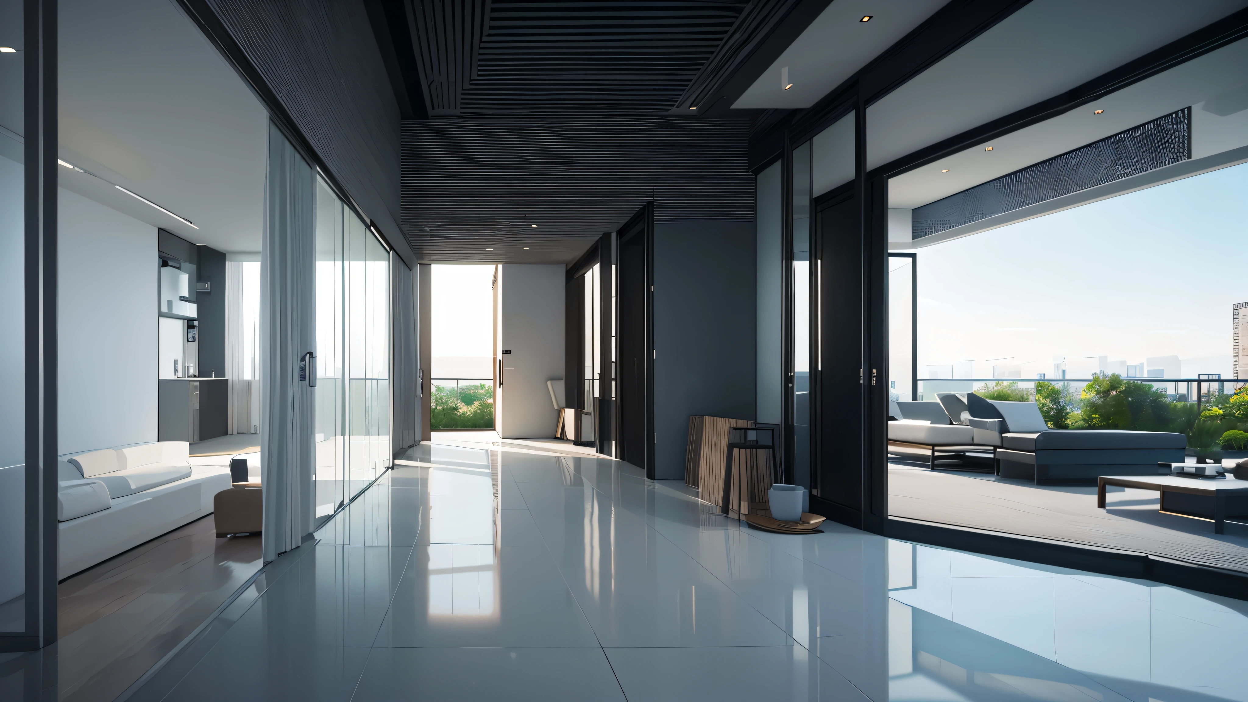 You are a famous interior designer、You have been asked to create a 3D image of a modern large room. Create a harmonious environment with modern and minimalist furniture. Including garden interior.