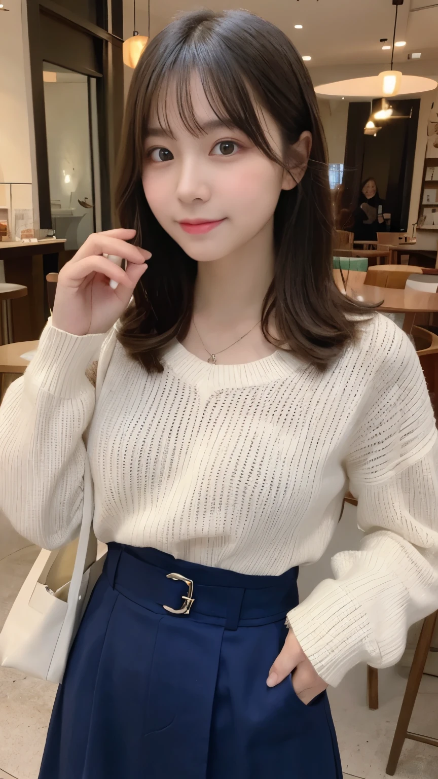  N.F.S.W.、highest quality、disorganized、super detailed、finely、High resolution、8k wallpaper、close up of face、perfect dynamic composition、beautiful and fine eyes、Gorgeous knit Korean winter clothes、skirt、Pretty hairstyle、bangs、(princess cut hair)、big breasts、natural color lip、bold sexy pose、smile、Cafe、Japanese、 girl、cute、sexy shot looking at camera、Always blur the background、perfect and beautiful face、Take only the face、beautiful and detailed face、slim face and style