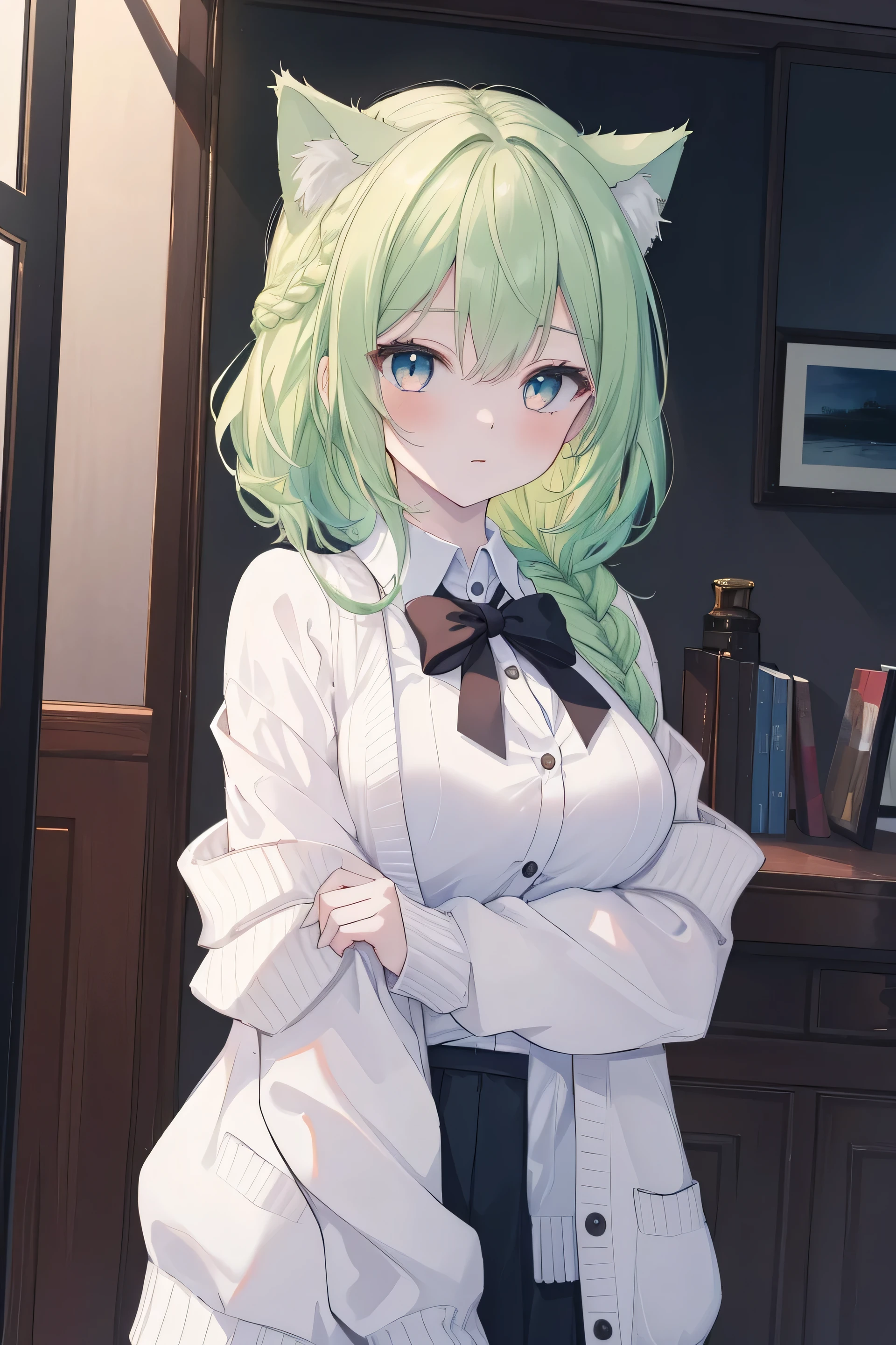 ((masterpiece, best quality, 8K, high resolution:1.3)), a girl, cat ears, pale skin, medium breasts, pointy breasts, white big cardigan, breast hold, french braid, crossed bangs, neon green hair, 