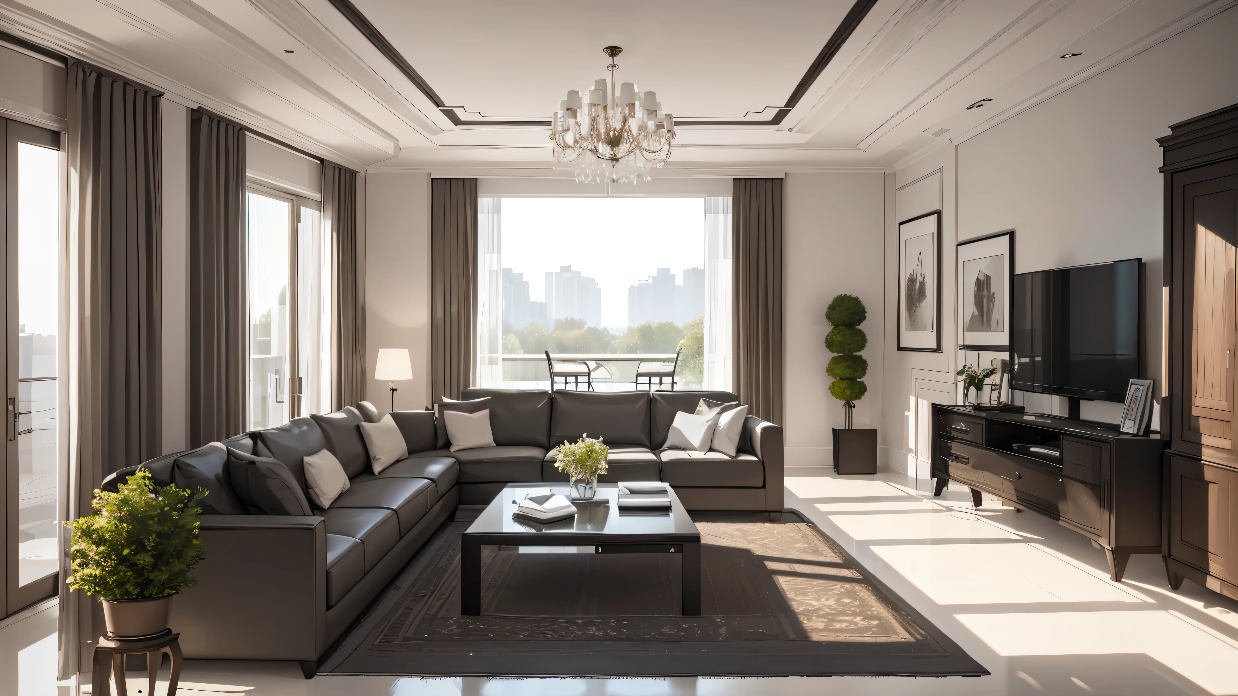 You are a famous interior designer、You have been asked to create a 3D image of a modern large room. Create a harmonious environment with modern and minimalist furniture. Including garden interior.