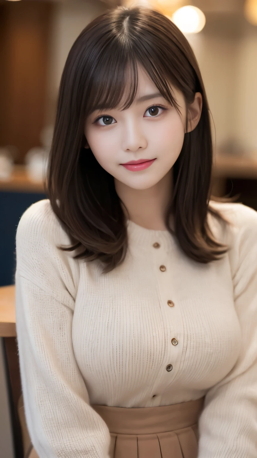 N.F.S.W.、highest quality、disorganized、super detailed、finely、High resolution、8k wallpaper、close up of face、perfect dynamic composition、beautiful and fine eyes、Gorgeous knit Korean winter clothes、skirt、Pretty hairstyle、bangs、(princess cut hair)、big breasts、natural color lip、bold sexy pose、smile、Cafe、Japanese、 girl、cute、sexy shot looking at camera、Always blur the background、perfect and beautiful face、Take only the face、beautiful and detailed face、slim face and style