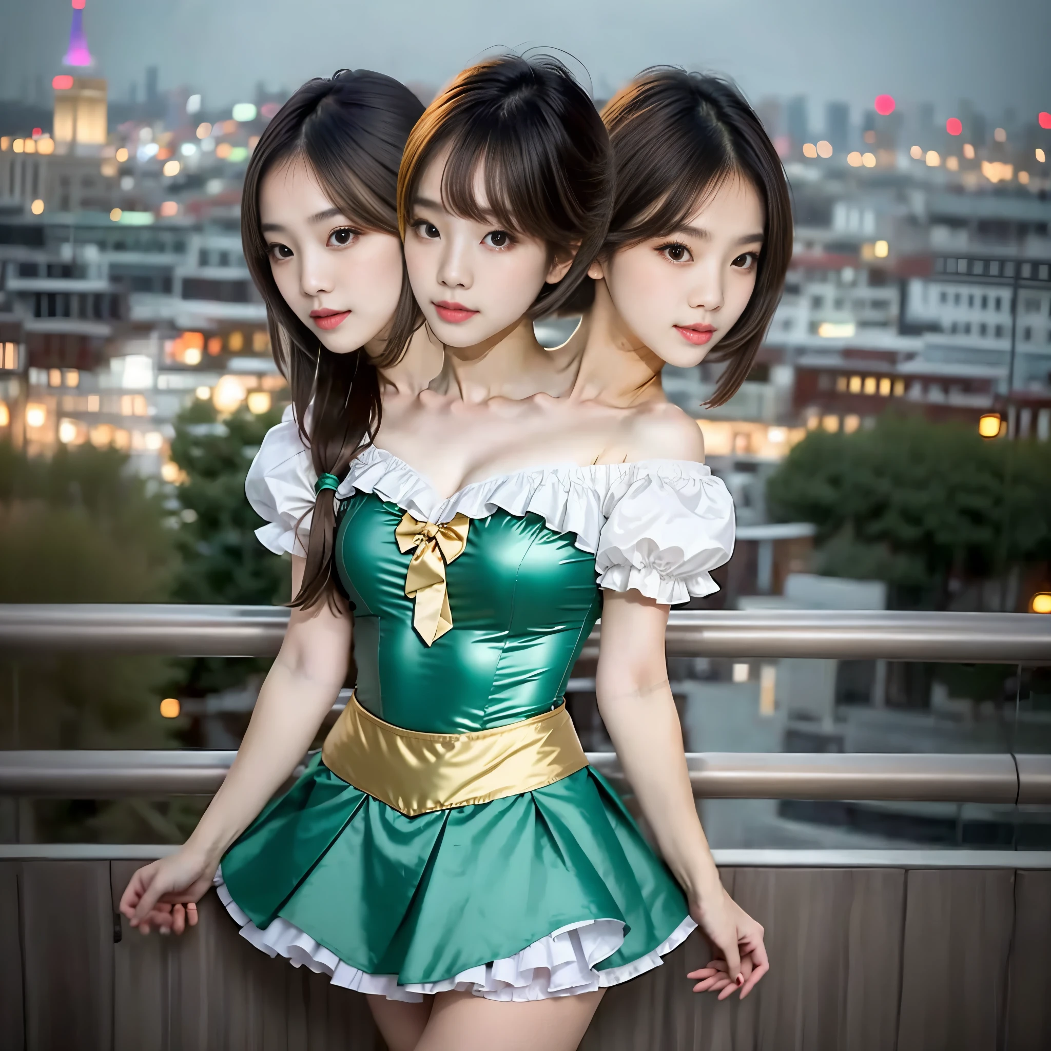 best resolution, half-body shot, , 2heads, woman with two heads,korean, diferent haircuts, pixie cut, ponytail, different hair  colorsbrown hair, blonde hair,   magical girl costume, city background