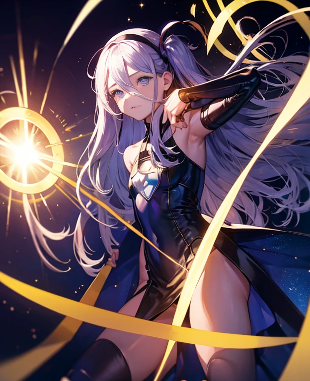 1 girl, superhero, junior high school girl, leotard, barefoot, knee high boots, gloves, shining body, the light that surrounds her body, particles of light, space background, Are standing, put your hands on your hips, cowboy shot, whole bodyショット, superpower, perfect anatomy, cowboy shot. long hair,
Blake is purple body suit, body suit, gloves, Black body suit, multicolored body suit, 
Blake is looking at viewer, whole body,
Blake is (debris flies:1.2), highest quality, High resolution, unity 8k wallpaper, (shape:0.8), (beautiful and detailed eyes:1.6), highly detailed face, perfect sentence, Detailed CG, (perfect hands, perfect anatomy),