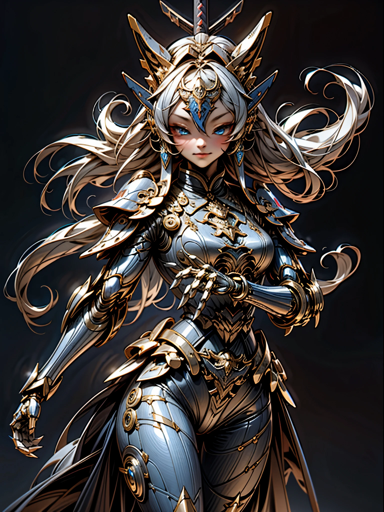 masterpiece,best quality,official art, extremely detailed CG unity 8k wallpaper,absurdres,8k resolution,dark_fantasy, ,(,samurai Mechanical complex,multi-layered ,extremely meticulous samurai armor blue :1.1),1girl,Mechanical Wonder,exist,cybernetic guardians,
