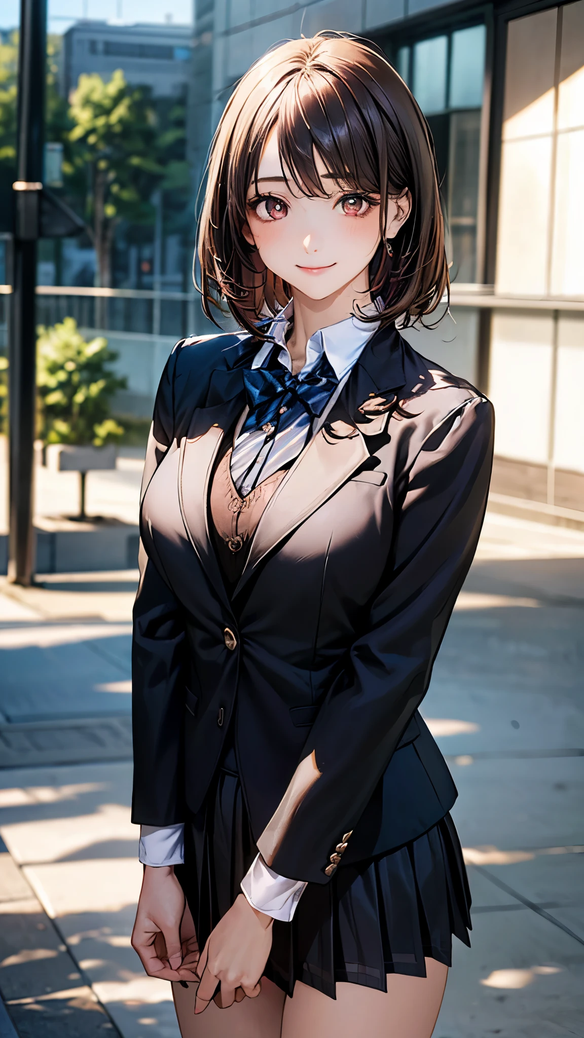 (masterpiece:1.2, top-quality), (realistic, photorealistic:1.4), beautiful illustration, (natural side lighting, movie lighting), 
looking at viewer, cowboy shot, front view:1.0, 1 girl, japanese, high school girl, perfect face, cute and symmetrical face, shiny skin, 
(short hair:1.5, straight hair:1.2, maroon hair), swept bangs, dark brown eyes, long eye lasher, (large breasts:0.6, seductive thighs), 
beautiful hair, beautiful face, beautiful detailed eyes, beautiful clavicle, beautiful body, beautiful chest, beautiful thigh, beautiful legs, beautiful fingers, 
((, (black blazer, close blazer), long sleeve white collared shirts, black pleated skirt, black socks)), 
(beautiful scenery), evening, riverside, standing, (lovely smile, upper eyes), 