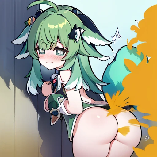 Highest image quality、(master piece:1.2)、detailed、Huo Huo、1 girl、solo、green hair、fart、green eyes、Shy personality、coward、pale tail、Gas comes out of the butt、a lot of gas、blush、shy、Satisfied smile、put pressure on your face、hot spring、Completely naked、bathing、bathroom、loud fart sound、dynamic pose、Smell farts、stick out your butt、Holding your buttocks with your hands