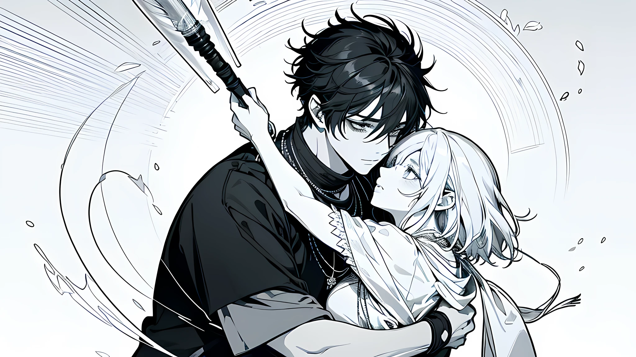 1 man (black clothes with shaman necklace, long black hair, puffy eyes) and 1 women (short hair, white hair) hugging each other while holding a magic wand, face to detail, detailed eyes, the background is just white, standing, monochrome (clear line, lineart), full body illustration, 8k wallpaper, highres