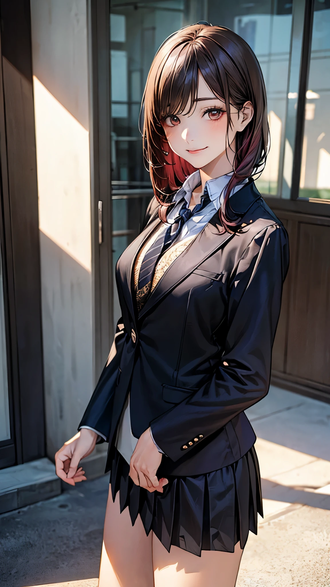 (masterpiece:1.2, top-quality), (realistic, photorealistic:1.4), beautiful illustration, (natural side lighting, movie lighting),
looking at viewer, cowboy shot, front view:1.0, 1 girl, japanese, high school girl, perfect face, cute and symmetrical face, shiny skin,
(short hair:1.5, straight hair:1.2, maroon hair), swept bangs, dark brown eyes, long eye lasher, (large breasts:0.6, seductive thighs),
beautiful hair, beautiful face, beautiful detailed eyes, beautiful clavicle, beautiful body, beautiful chest, beautiful thigh, beautiful legs, beautiful fingers,
((, (black blazer, close blazer), long sleeve white collared shirts, black pleated skirt, black socks)),
(beautiful scenery), evening, riverside, standing, (lovely smile, upper eyes),