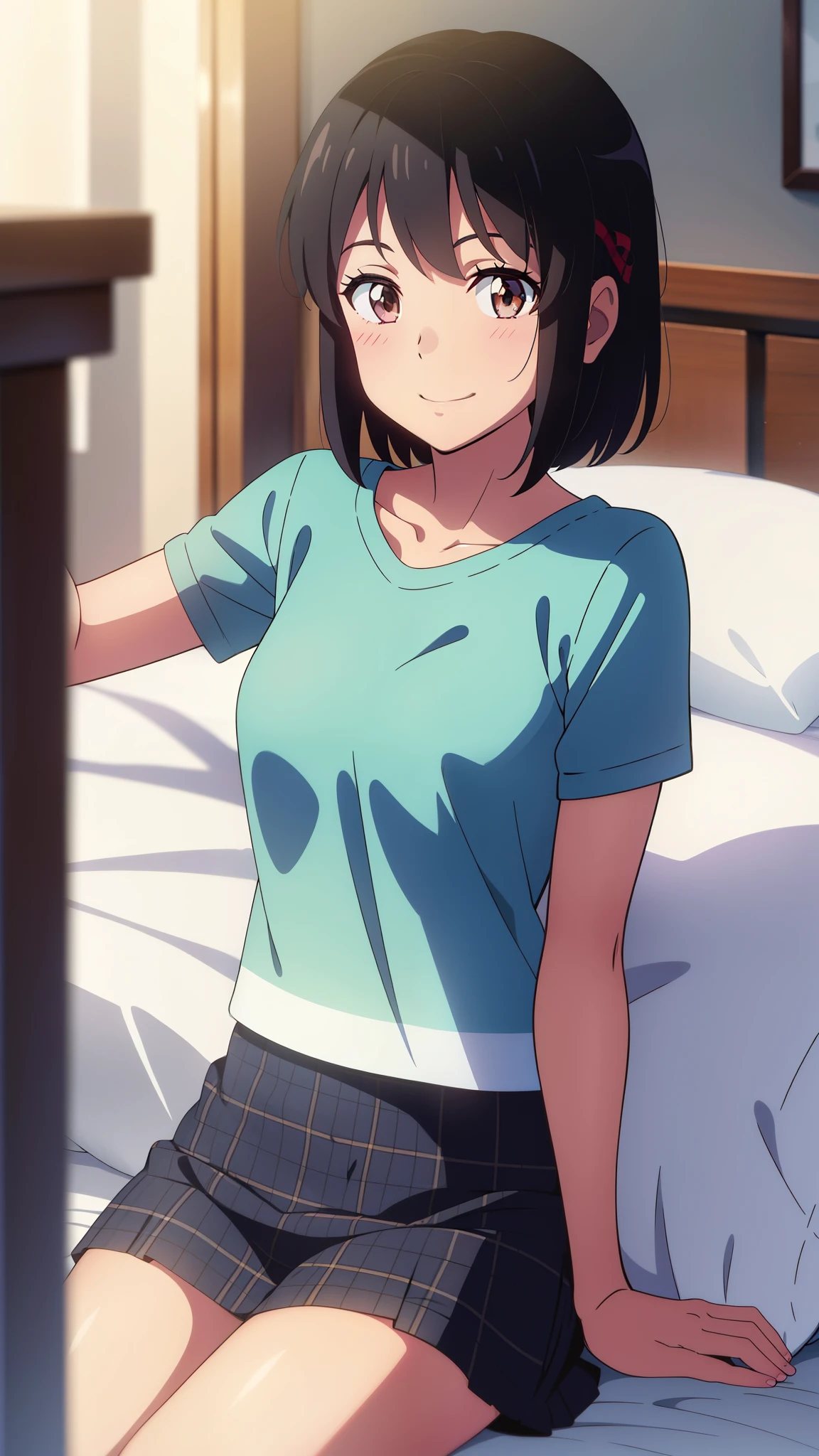 shinkai makoto, kimi no na wa., 1girl, bangs, black hair, blush, bright eyes, brown eyes, red headband, short hair, smile, cute, beautiful, parfect anatomy, shiny skin, Sweet face, looking at viewer, solo, casual shirt, t-shirt, skirt, plaid skirt, indoors, bed, bedroom, lying, relaxing, pillow, blanket, cushion, thigh, on bed, dynamic lights