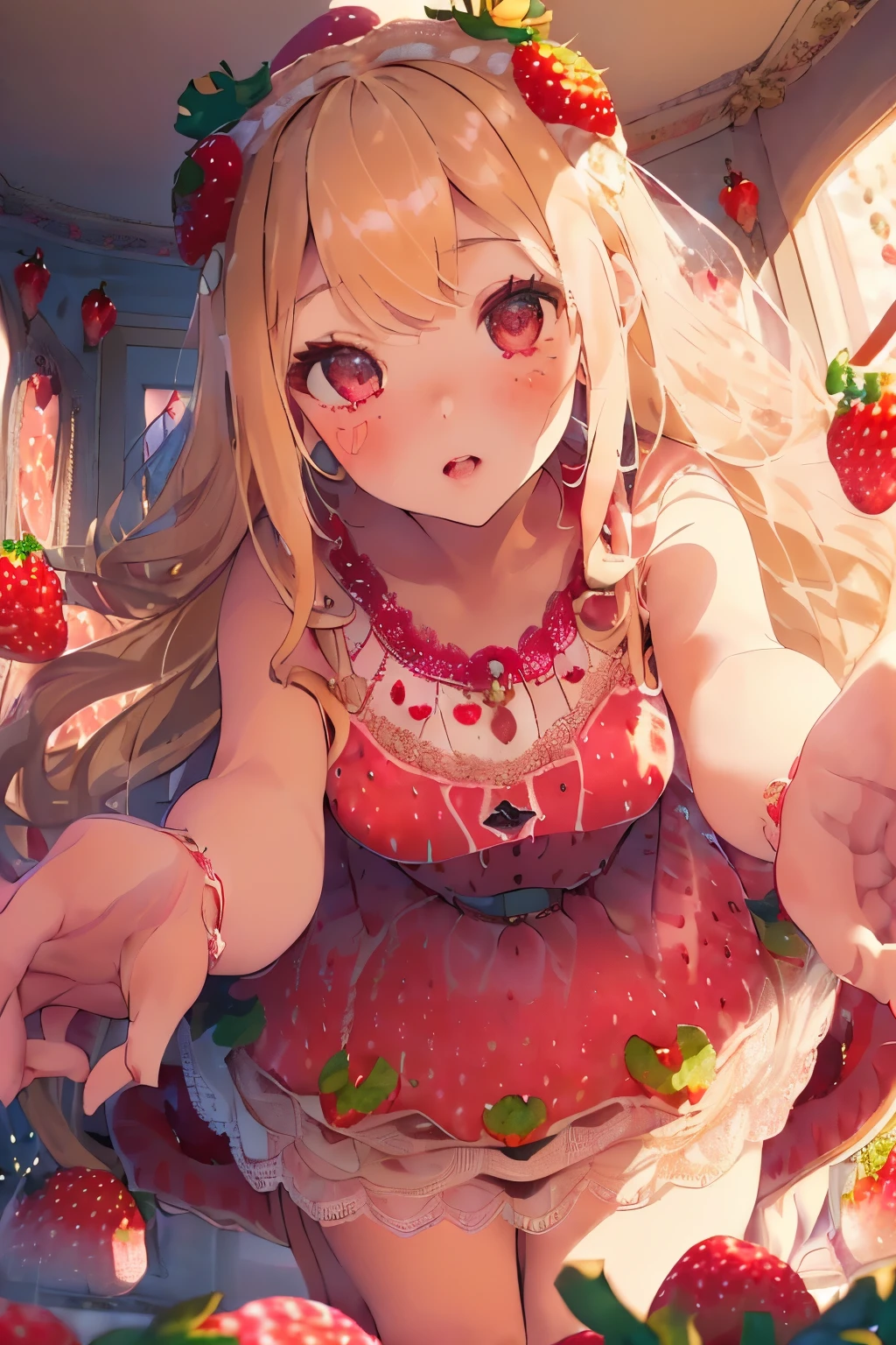 girl,cute,(blonde:1.2),(long hair with curls:1.2),(With bangs),(strawberry colored eyes:1.2),(Eye size:1.5),(Strawberry motif dress:1.3),(dress with lots of lace:1.35),(strawberry ornament:1.6),(🍓🍓🍓🍓:1.5),(Sparkling lights:1.35),(model pose:1.3),(strawberry colored loafers:1.4),(strawberry colored hair ornament:1.3),(Close-up of face 1.3),(perspective from below:1.5)