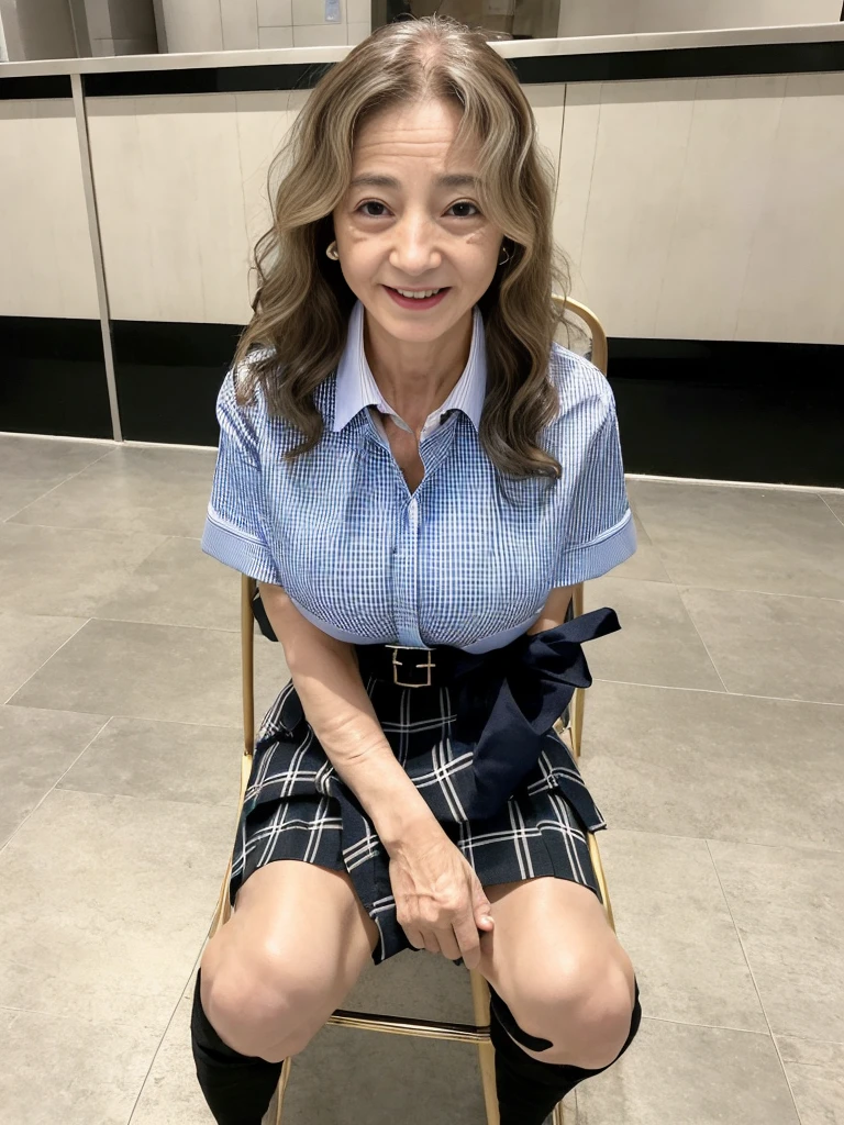 ​(masterpiece, highest quality), japanese mature, (alone), 60 years old, (wrinkles around the eyes:1.55), big breasts, mature woman, Glamour, Sexy, pure white skin, looking at the viewer、(super big breasts:1.28)、(Wavy Longhair)、small diamond necklace、earrings、(((collared shirt, checked skirt)))、short boots、smile、Public place、cross your legs、sit on a chair、full body photo、