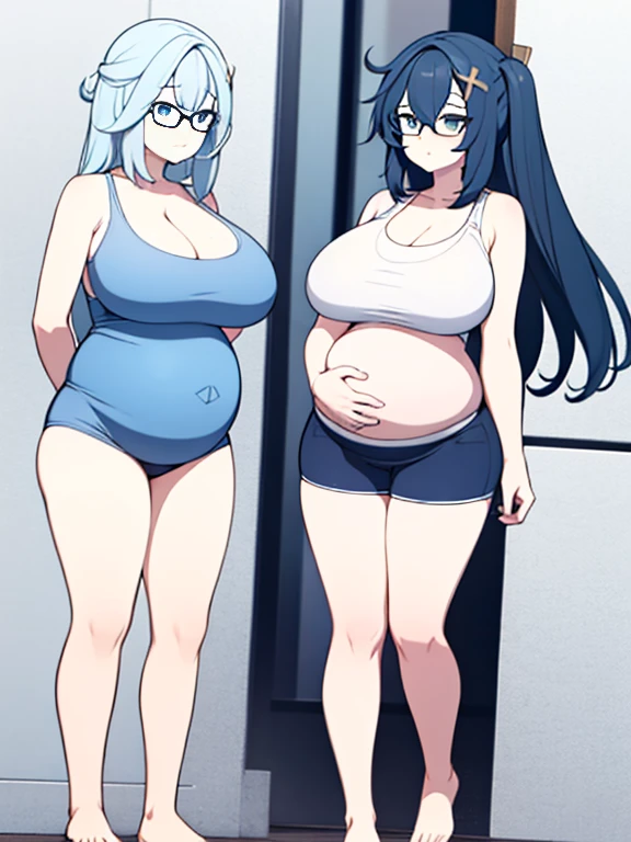 full body, standing, barefoot, thicc, uncovered belly belly, very big breasts, pregnant, long hair, sports bra, very thight shorts, glasses