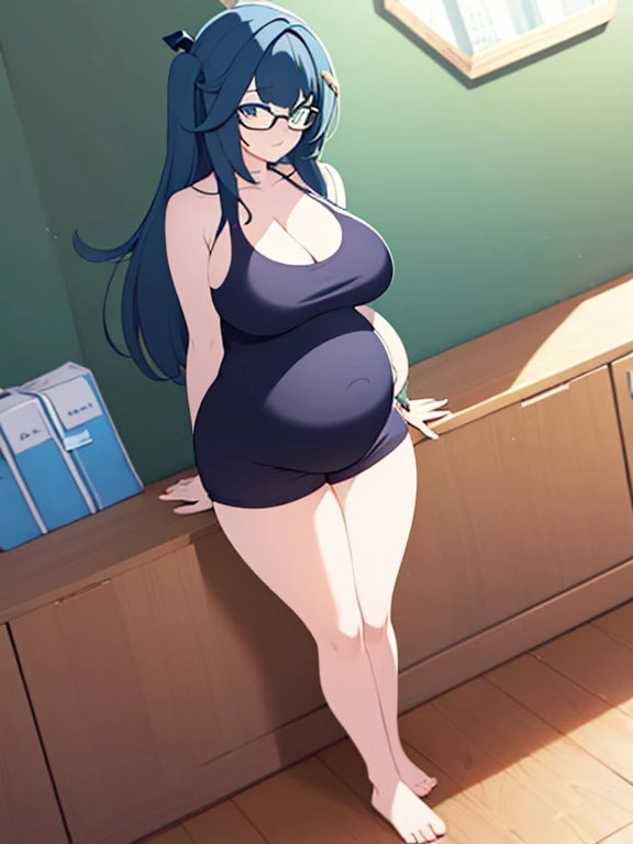 full body, standing, barefoot, thicc, uncovered belly belly, very big breasts, pregnant, long hair, sports bra, very thight shorts, glasses