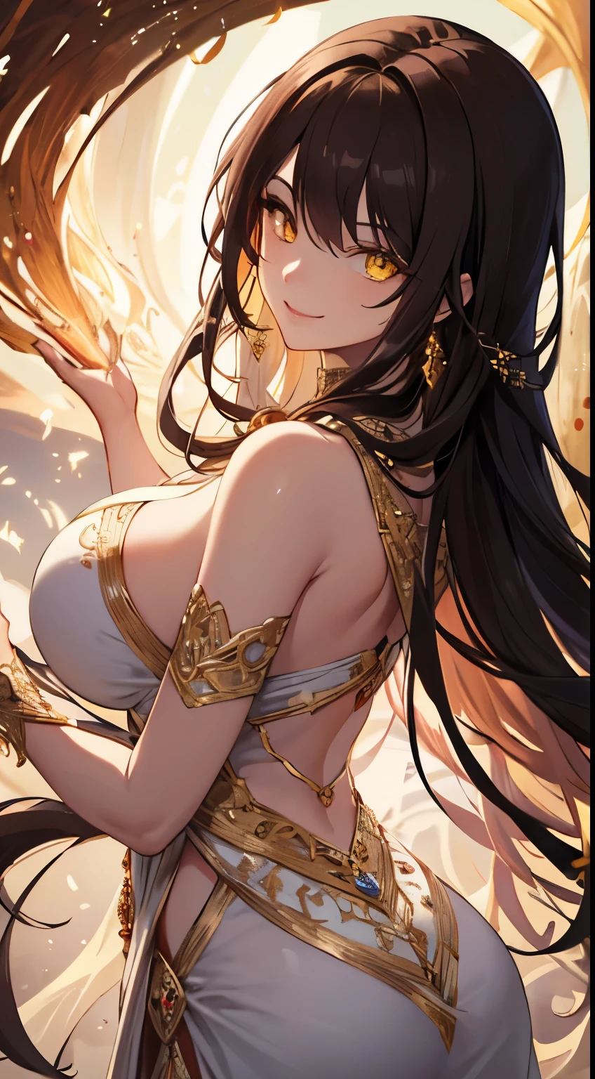 long brown hair, yellow eyes, big breasts, big ass, red necklace, fantasy, naughty smile, detailed face features, vibrant colors, glowing background, ethereal atmosphere, intricate details, shiny hair strands, alluring gaze, magical aura, flowing dress, dreamlike setting, enchanting beauty, mesmerizing charm, supernatural powers