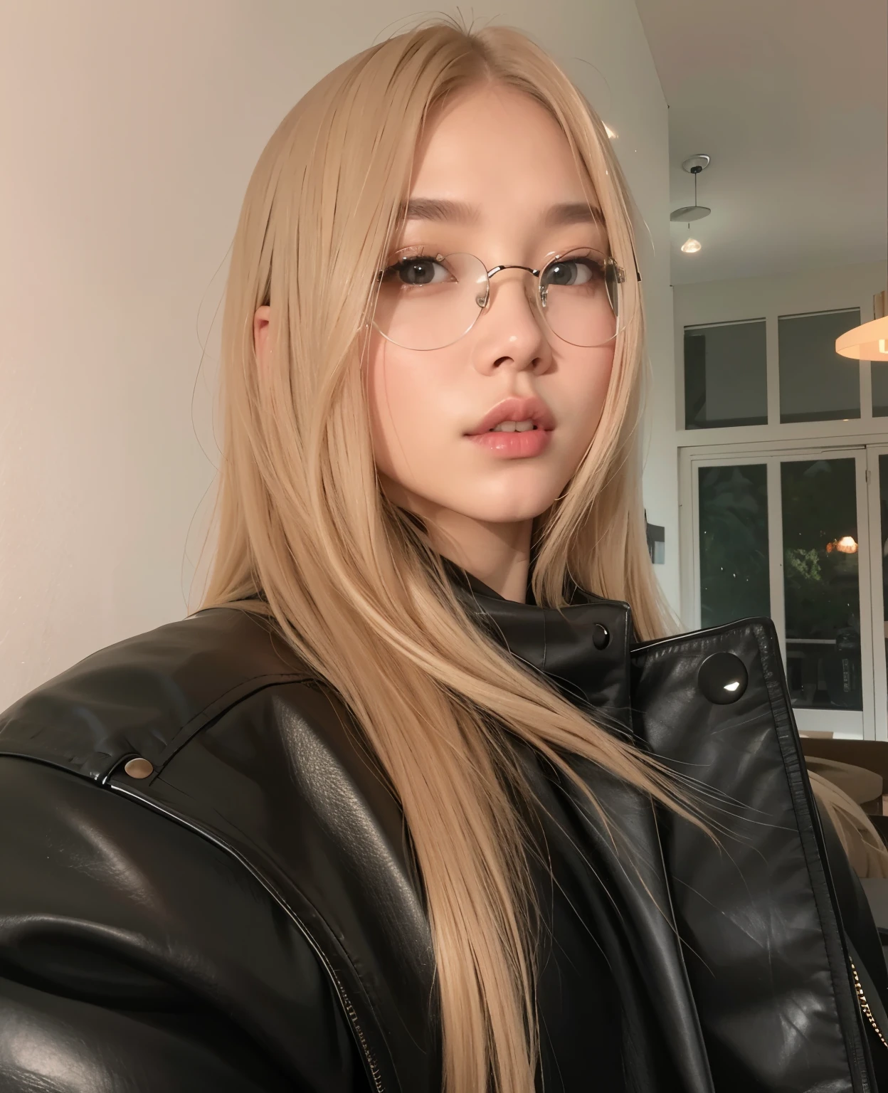 There is a blonde haired girl who is on the street at night with big, beautiful eyes and behind her there is a man in black glasses and ultra realistic black clothes real well detailed