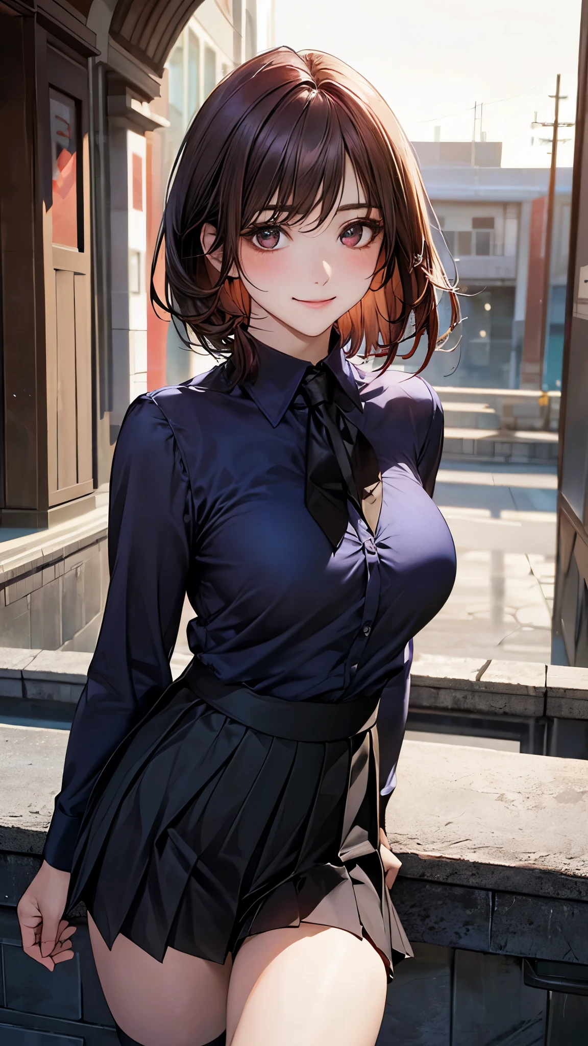 Anime girl in a short skirt posing on a ledge - SeaArt AI