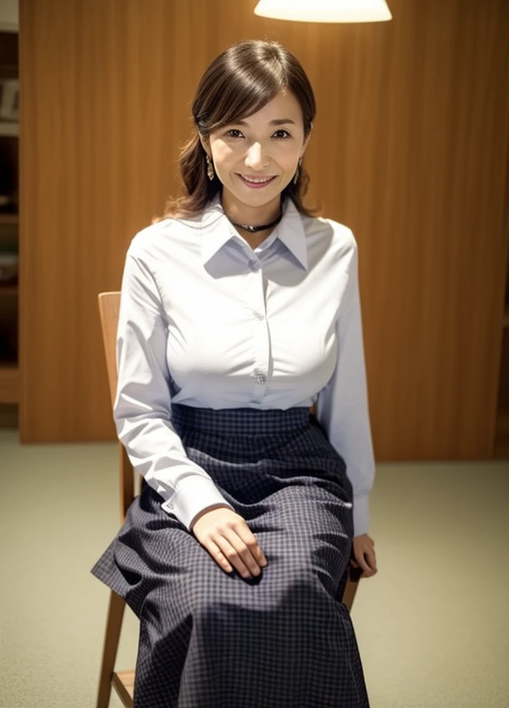 ​(masterpiece, highest quality), japanese mature, (alone), 60 years old, (wrinkles around the eyes:1.25), big breasts, mature woman, Glamour, Sexy, pure white skin, looking at the viewer、(super big breasts:1.28)、(Wavy Longhair)、small diamond necklace、earrings、(((collared shirt, checked skirt)))、short boots、smile、Public place、cross your legs、sit on a chair、full body photo、