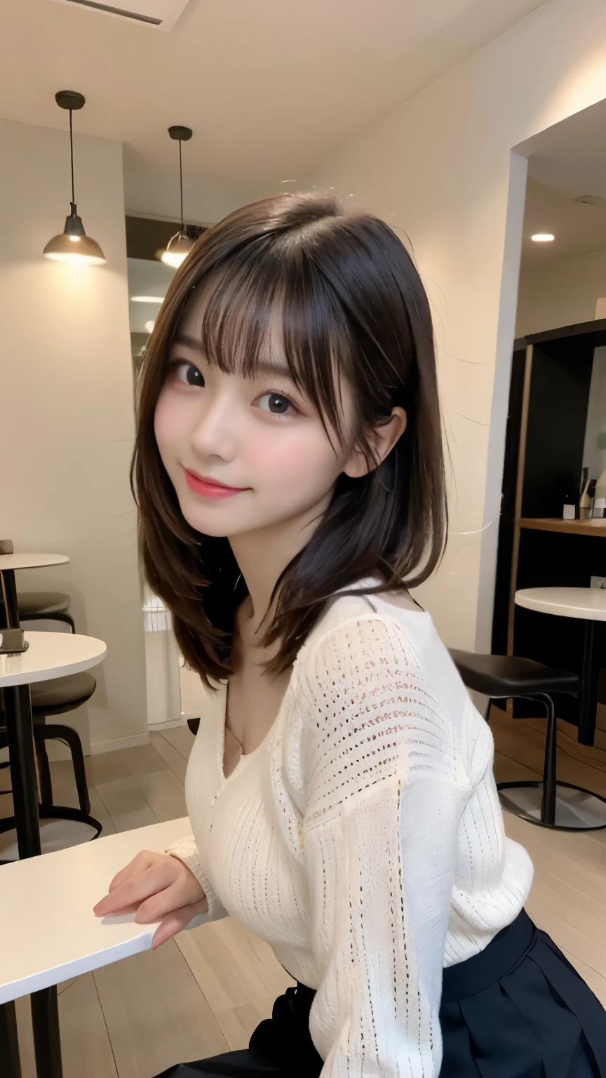  N.F.S.W.、highest quality、disorganized、super detailed、finely、High resolution、8k wallpaper、close up of face、perfect dynamic composition、beautiful and fine eyes、Gorgeous knit Korean winter clothes、skirt、Pretty hairstyle、bangs、(princess cut hair)、big breasts、natural color lip、bold sexy pose、smile、Cafe、Japanese、 girl、cute、sexy shot looking at camera、Always blur the background、perfect and beautiful face、Take only the face、beautiful and detailed face、slim face and style