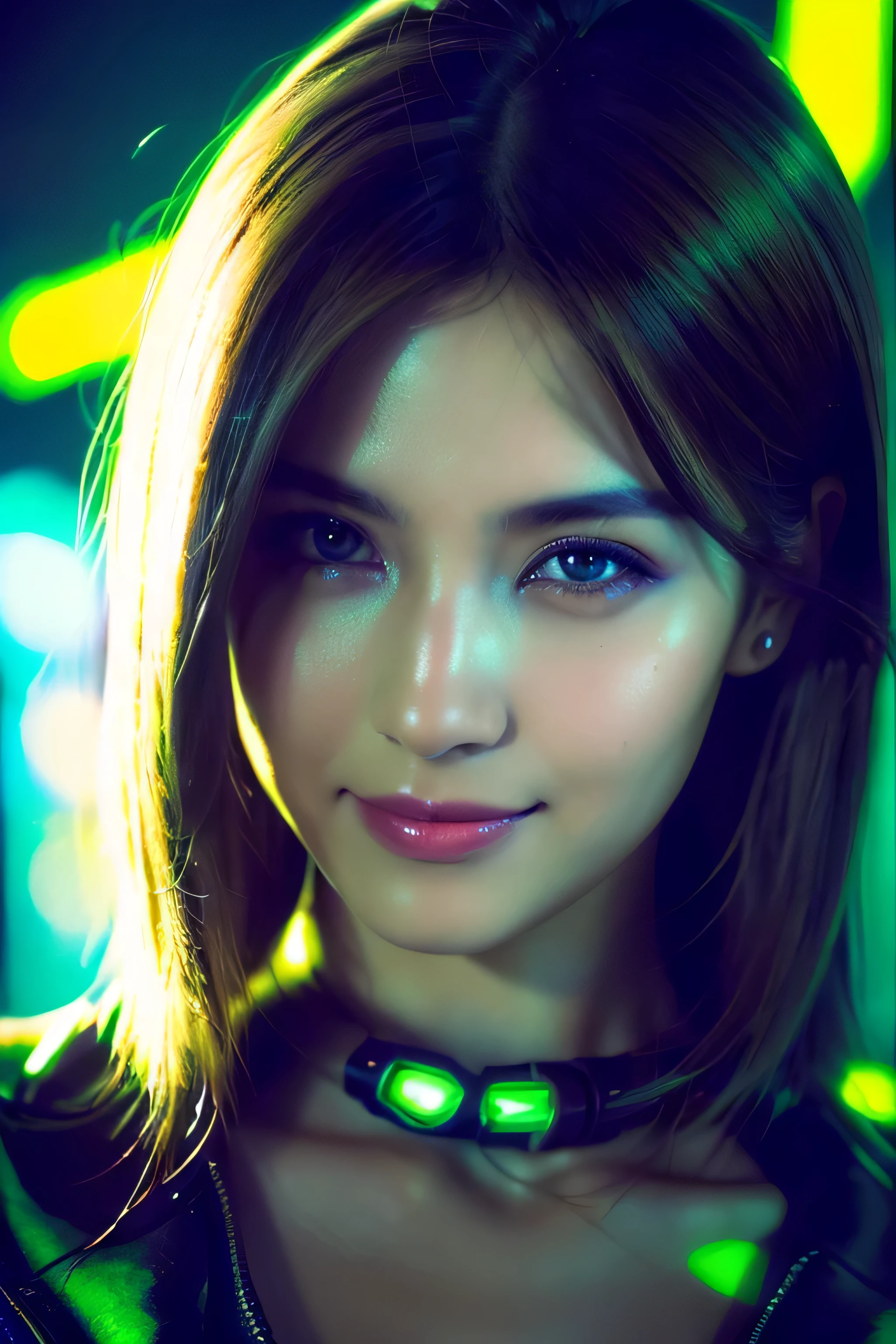 (Best Quality, Masterpiece, Ultra High Definition, High resolution, highly detailed, High Definition Face, clear pictures, HDR:1.5), (20-year-old woman:1.3), (eyes be visually in focus:1.4), (film photography style:1.5), (background neon sign, neon color fashion:1.5), (Slim Big Breasts, huge Breasts:1.2), (Glossy, highly fine breasts, shiny skin), highly detailed facial and skin texture, (beautiful eyes, light in the eyes, detailed eyes), Very smile, violently fluttering hair, cyberpunk beauty