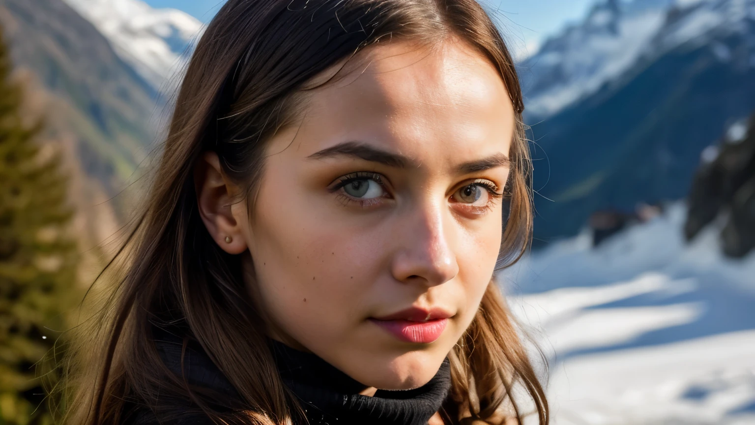 Stunningly complex full-color imagery of (sks girl:1), Wear a black turtleneck., Great character elements, By Ilya Kuvchinov, Alessio Albi, Nina Masik, Sharp focus, natural light, subsurface scattering, F2, 35mm, Film texture, The backdrop is the village of Grindelwald., Switzerland, smile a little