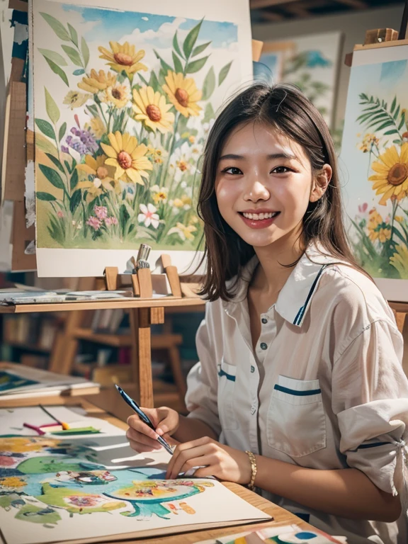 A 19-year-old Thai woman smiles slightly in a drawing class. Behind is a board with watercolor paintings of people on it. and many flower landscape images, wide-angle images, realistic photos Sharp details, 8k studio lighting