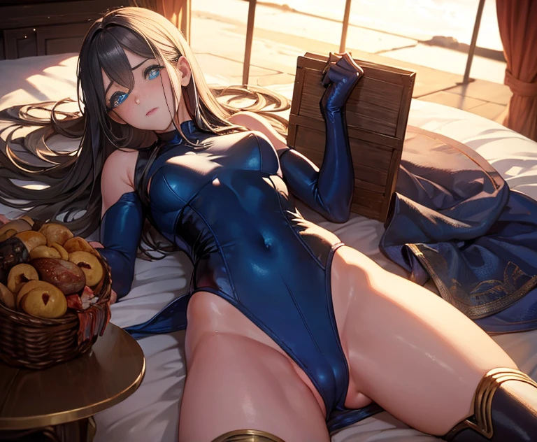 highest quality,sleep on your back in bed，Crab crotch，show me your boots，thigh high boots，leotardチラ見せ，glove，elegant, 1 girl, leotard，body suit，cute, blushed, looking at the viewer, from below, prison，blue eyes, beautiful eyes, beautiful background, particles of light, Light of the sun, dramatic lighting, outside, shiny, realistic, table top, highest quality, Super detailed, get used to it, scenery, beautiful and detailed eyes, thin hair，full body shot，