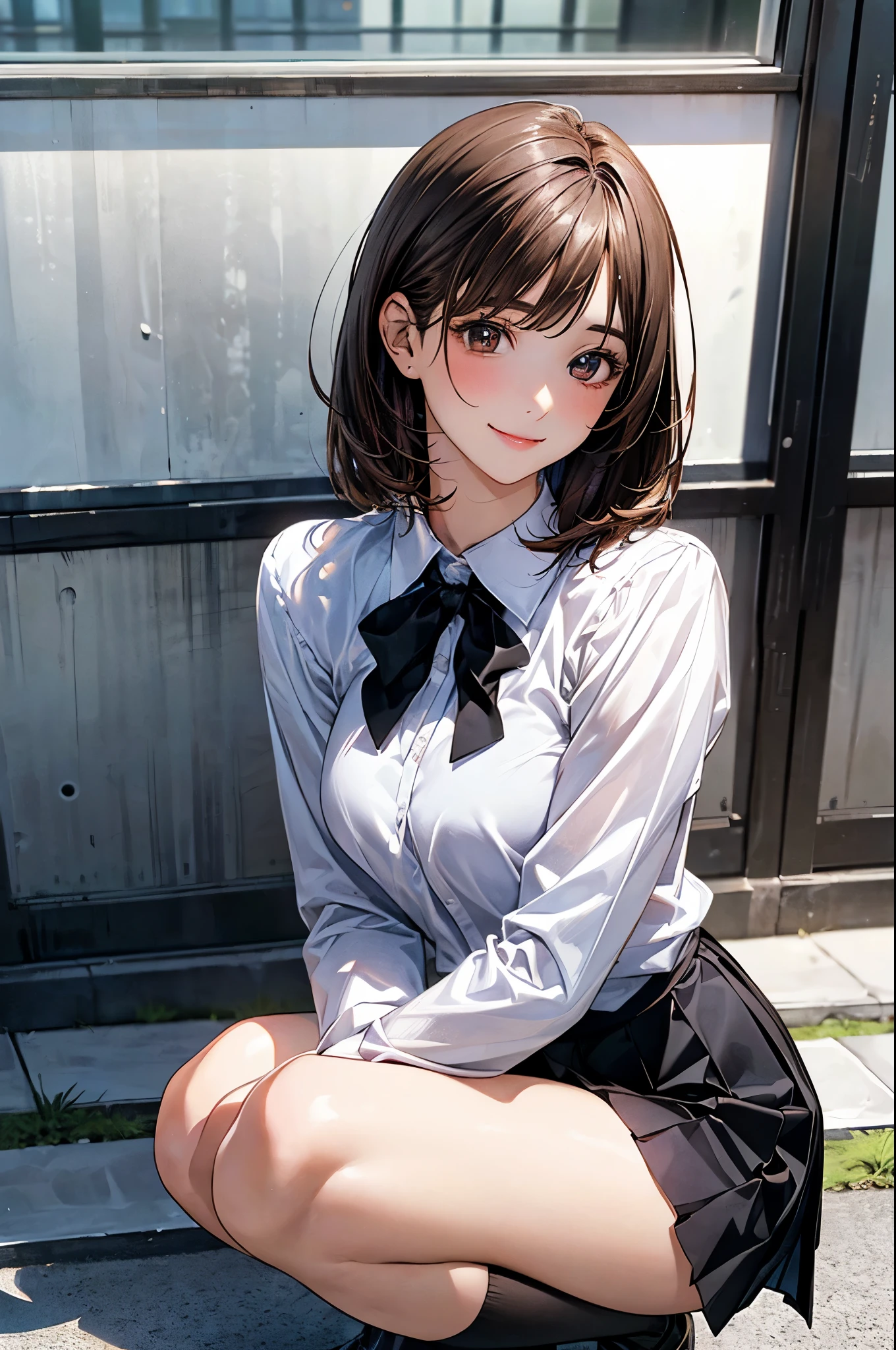 (masterpiece:1.2, top-quality), (realistic, photorealistic:1.4), beautiful illustration, (natural side lighting, movie lighting),
looking at viewer, cowboy shot, front view:1.0, 1 girl, japanese, high school girl, perfect face, cute and symmetrical face, shiny skin,
(short hair:1.5, straight hair:1.2, brown hair), swept bangs, dark brown eyes, long eye lasher, (large breasts:0.6, seductive thighs),
beautiful hair, beautiful face, beautiful detailed eyes, beautiful clavicle, beautiful body, beautiful chest, beautiful thigh, beautiful legs, beautiful fingers,
((long sleeve white collared shirts, black pleated skirt, black tie, black socks)),
(beautiful scenery), evening, riverside, squatting, (lovely smile, upper eyes),