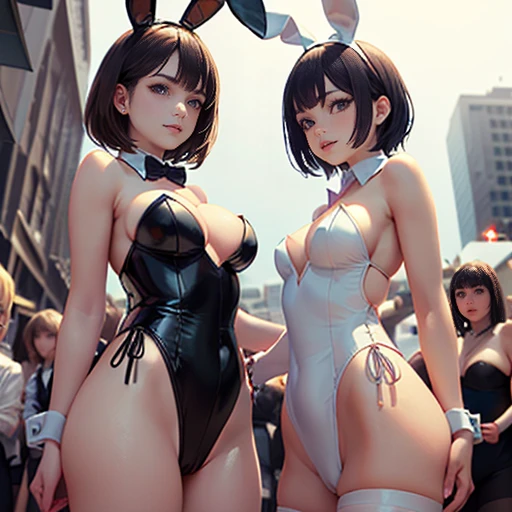 masterpiece, best quality, ultra detailed, beautiful face, beautiful skin, photorealistic, (professional lighting:1.4), breast press each other, (2girls:1.5), light smile, (((on the left is small breasts girl with (very:1.5) short black hair))), (((a little further away on the right is large breasts girl with long blonde hair))), (playboy bunny:1.4), pearl necklace, (erect nipples:1.3), (cameltoe:1.3), looking at viewer, focus on face, ultra sharp, cowboy shot, on street in business district, ultra detailed photo background, (((with the crowd)))