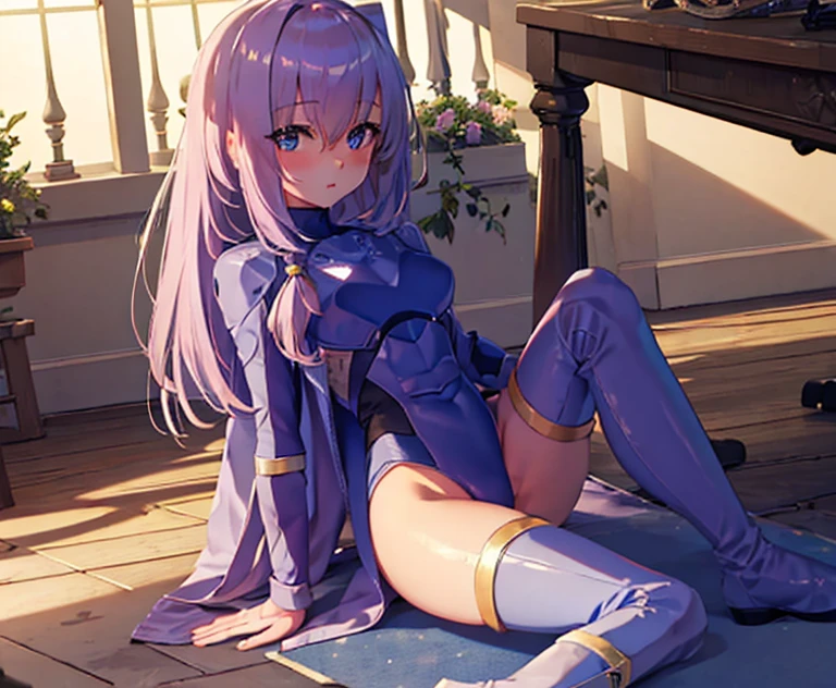 highest quality,sleep on your back in bed，Crab crotch，show me your boots，thigh high boots，leotardチラ見せ，glove，elegant, 1 girl, leotard，body suit，cute, blushed, looking at the viewer, from below, prison，blue eyes, beautiful eyes, beautiful background, particles of light, Light of the sun, dramatic lighting, outside, shiny, realistic, table top, highest quality, Super detailed, get used to it, scenery, beautiful and detailed eyes, thin hair，full body shot，