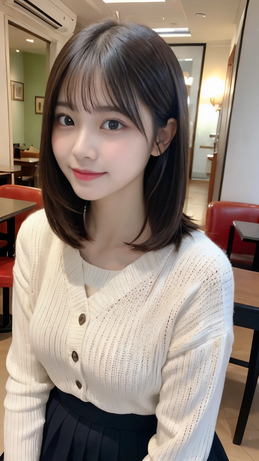 N.F.S.W.、highest quality、disorganized、super detailed、finely、High resolution、8k wallpaper、close up of face、perfect dynamic composition、beautiful and fine eyes、Gorgeous knit Korean winter clothes、skirt、Pretty hairstyle、bangs bangs、(princess cut hair)、big breasts、natural color lip、bold sexy pose、smile、Cafe、Japanese、12 year old girl、cute、sexy shot looking at camera、Always blur the background、perfect and beautiful face、Take only the face、beautiful and detailed face、slim face and style