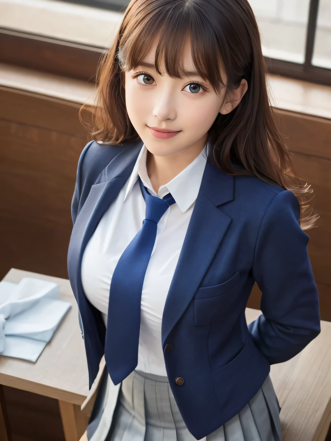 8K, highest quality, real image, intricate details, Super detailed, ultra high resolution, depth field,(realistic,realistic:1.2),table top , frontal shot , From the middle , 1 girl, eye_Chan, very beautiful 17 year old girl, innocent big eyes,、beautiful breasts:1.5、非常に詳細なeye:1.2)、(beautiful breasts:1.1)、wavy hair、curly hair、bangs、, perfect skin, Fair skin, huge breasts, He puts his left hand on his chest over his clothes...、anxious look、cleavage, tight waist, light blush, alone, looking at the viewer, light smile, ((School_uniform),(dark blue blazer), (white shirt、Wearing a tie), (gray pleated skirt), (sculpture installation :1.1)