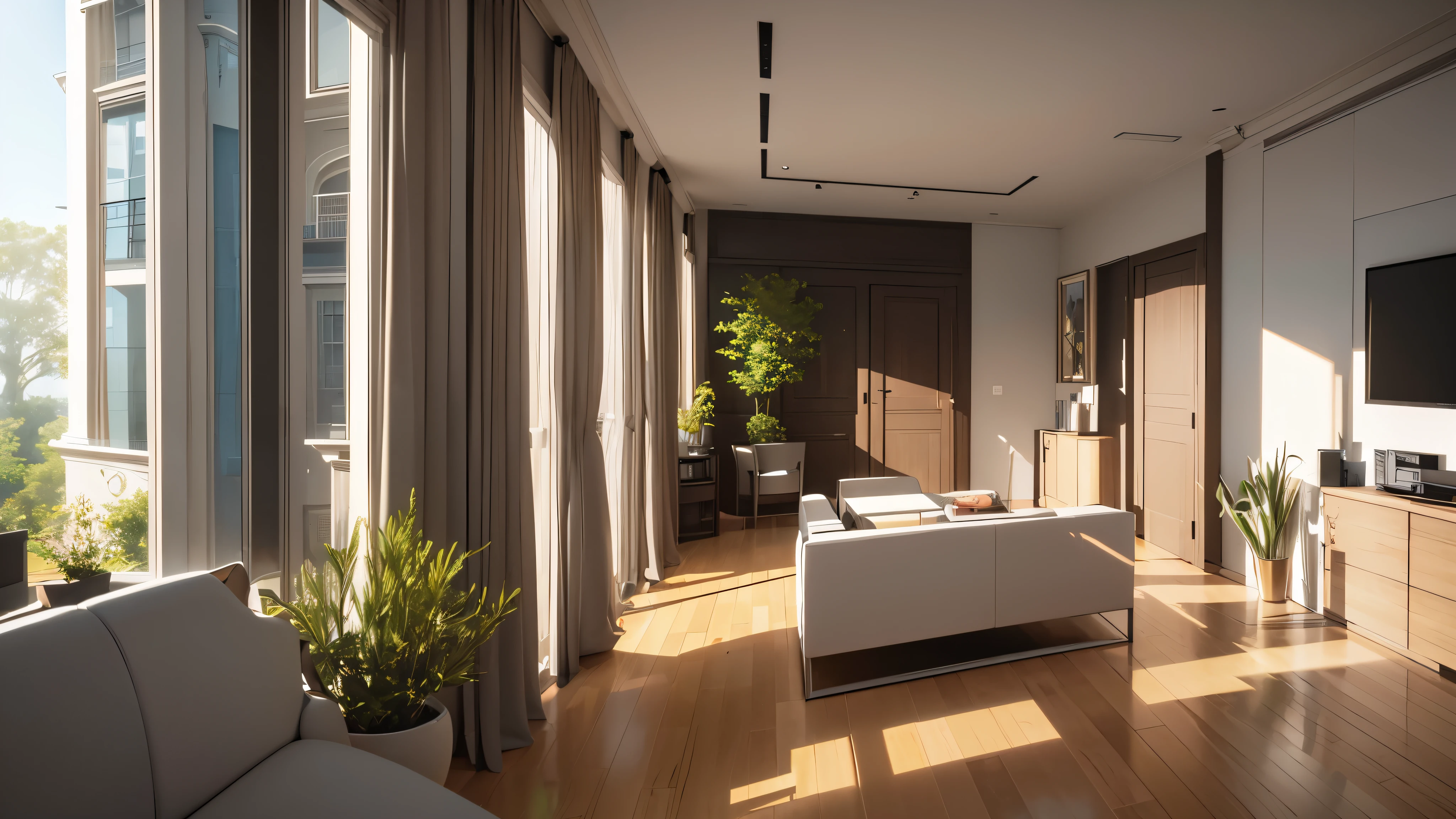 You are a famous interior designer、You have been asked to create a 3D image of a modern large room. Create a harmonious environment with modern and minimalist furniture. Including garden interior.