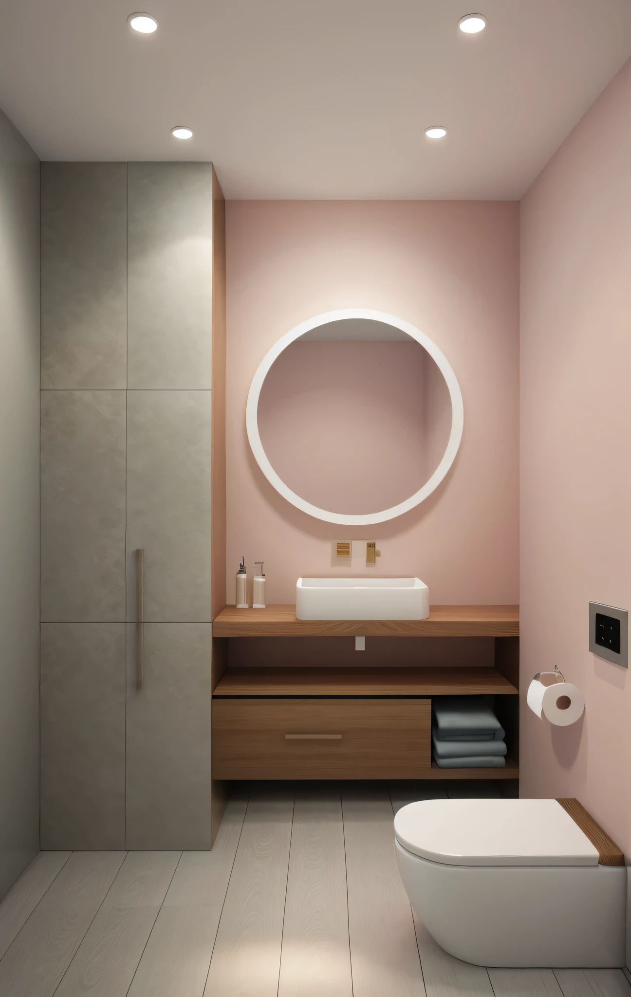 RAW photo, Masterpiece, high quality, best quality, realistic, super detailed,(( pastel furniture )), minimalist architecture,BATHROOM, 1.4 (high detail: 1.2), 8k uhd, dslr, soft light, high quality, film grain, Fujifilm XT3, white celling