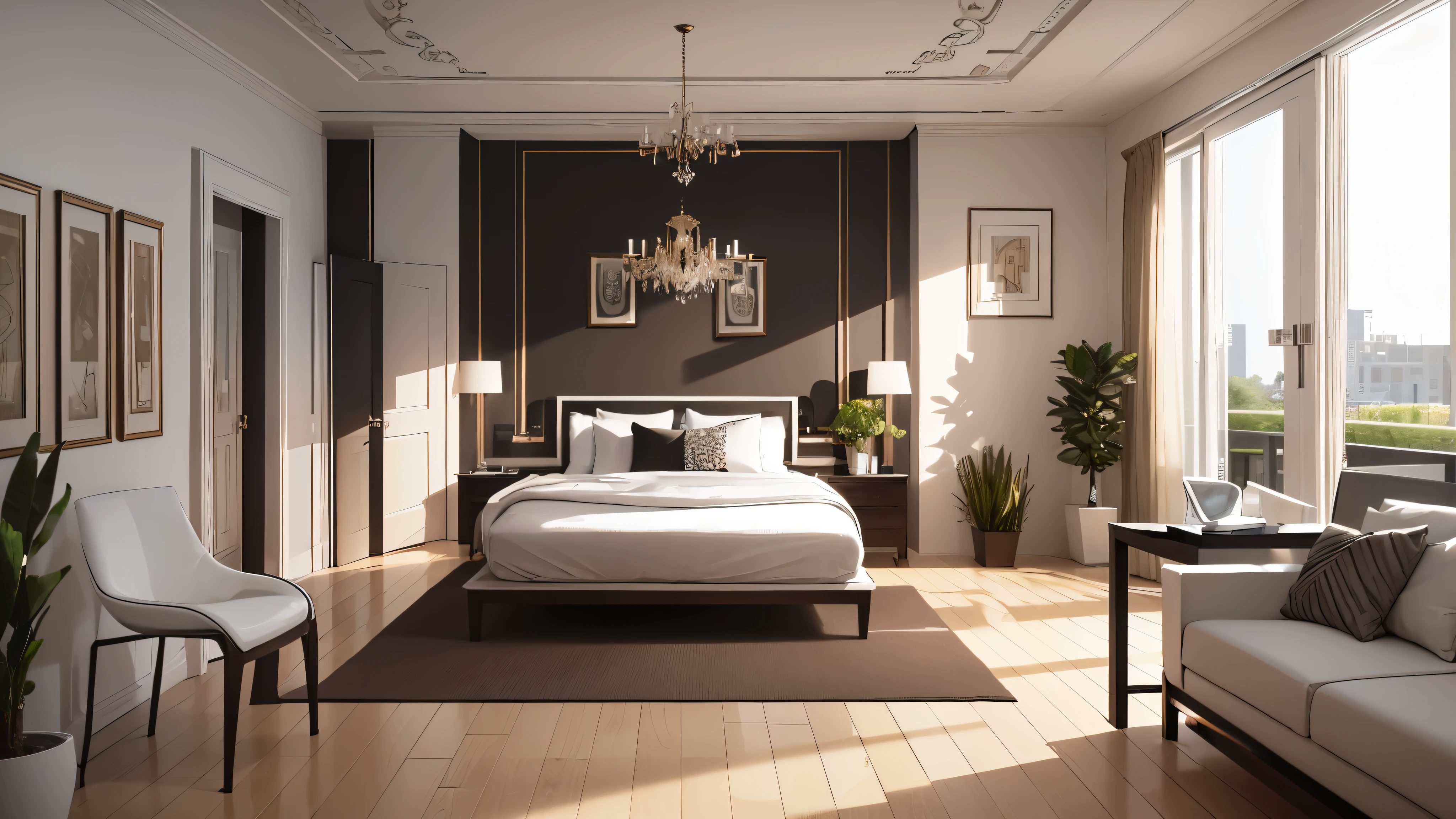 You are a famous interior designer、You have been asked to create a 3D image of a modern large room. Create a harmonious environment with modern and minimalist furniture. Including garden interior.