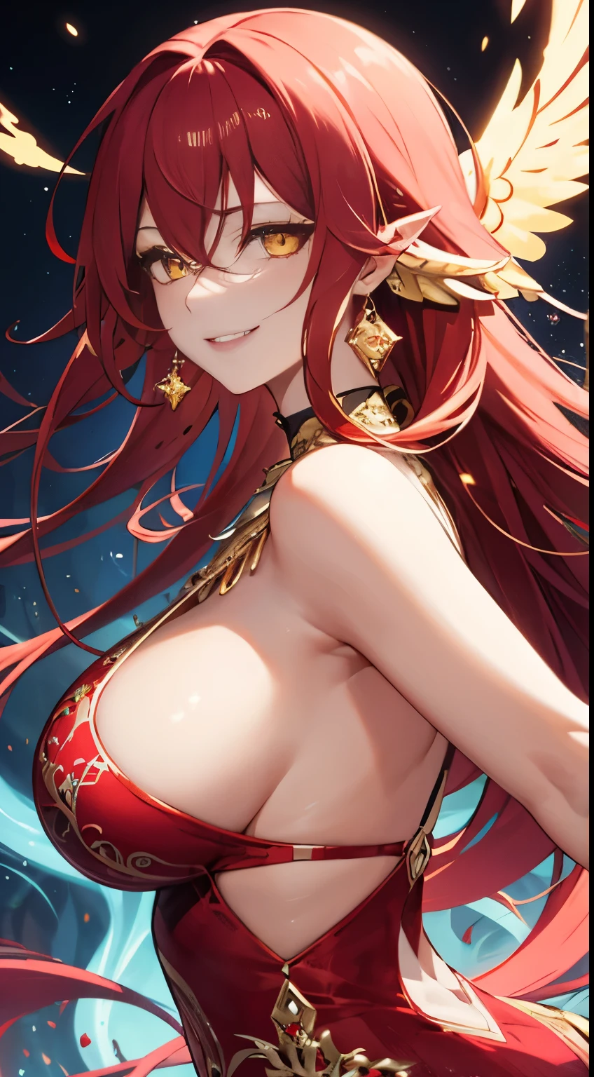 long red hair, yellow eyes, big breasts, big ass, red necklace, fantasy, naughty smile, detailed face features, vibrant colors, glowing background, ethereal atmosphere, intricate details, shiny hair strands, alluring gaze, magical aura, flowing dress, dreamlike setting, enchanting beauty, mesmerizing charm, supernatural powers