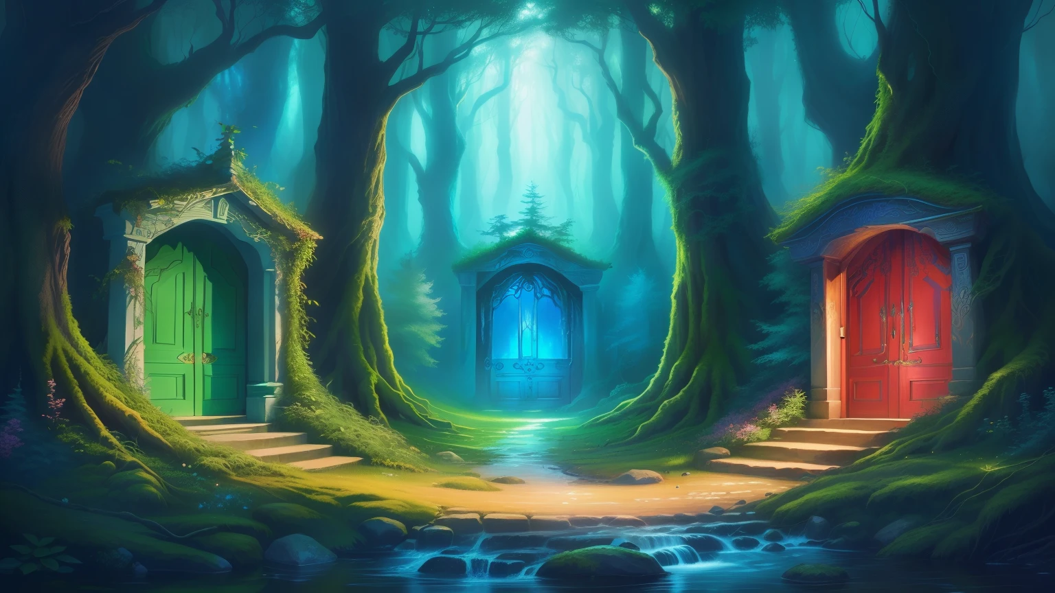 Painting of a forest with three doors and a stream, magic doorway, enchanted magical fantasy forest, magical fantasy forest, doors that are cosmic portals, magical forest backround, Forest Portal, 魅惑のmagical forest, colorful concept art, magical environment, fantasy forest, Magic Portal, wonderland portal, magical forest, Entrance to the etheric realm, fairy tale forest, Magic Clearing,REAL, 32K