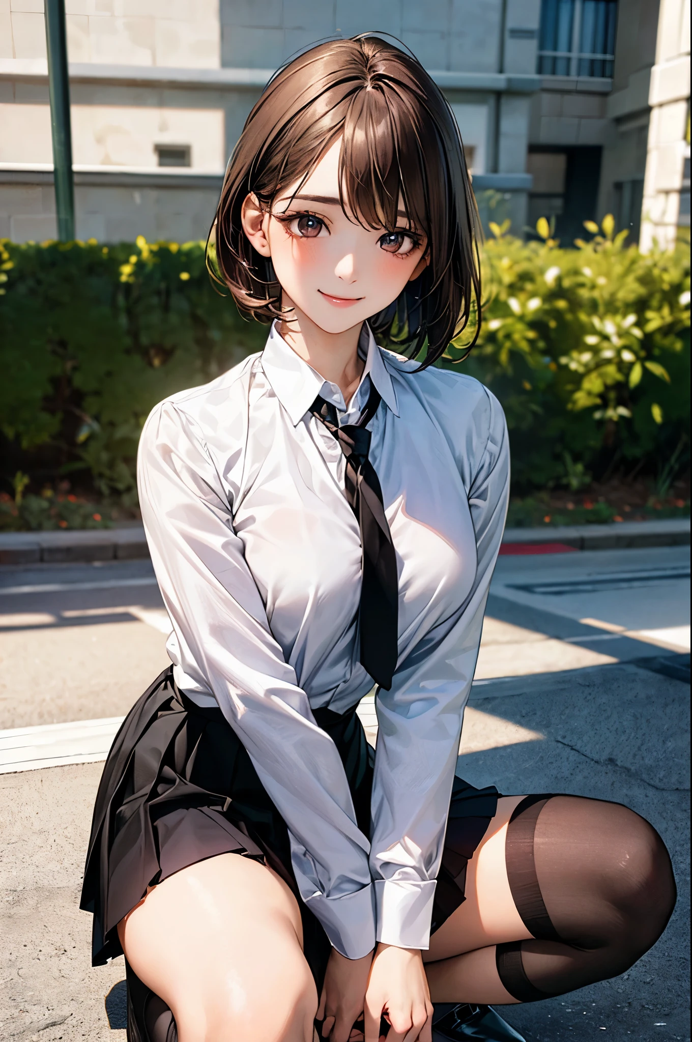 (masterpiece:1.2, top-quality), (realistic, photorealistic:1.4), beautiful illustration, (natural side lighting, movie lighting), 
looking at viewer, cowboy shot, front view:1.0, 1 girl, japanese, high school girl, perfect face, cute and symmetrical face, shiny skin, 
(short hair:1.5, straight hair:1.2, brown hair), swept bangs, dark brown eyes, long eye lasher, (large breasts:0.6, seductive thighs), 
beautiful hair, beautiful face, beautiful detailed eyes, beautiful clavicle, beautiful body, beautiful chest, beautiful thigh, beautiful legs, beautiful fingers, 
((long sleeve white collared shirts, black pleated skirt, black tie, black socks)), 
(beautiful scenery), evening, riverside, squatting, 1 cat, (lovely smile, upper eyes), 