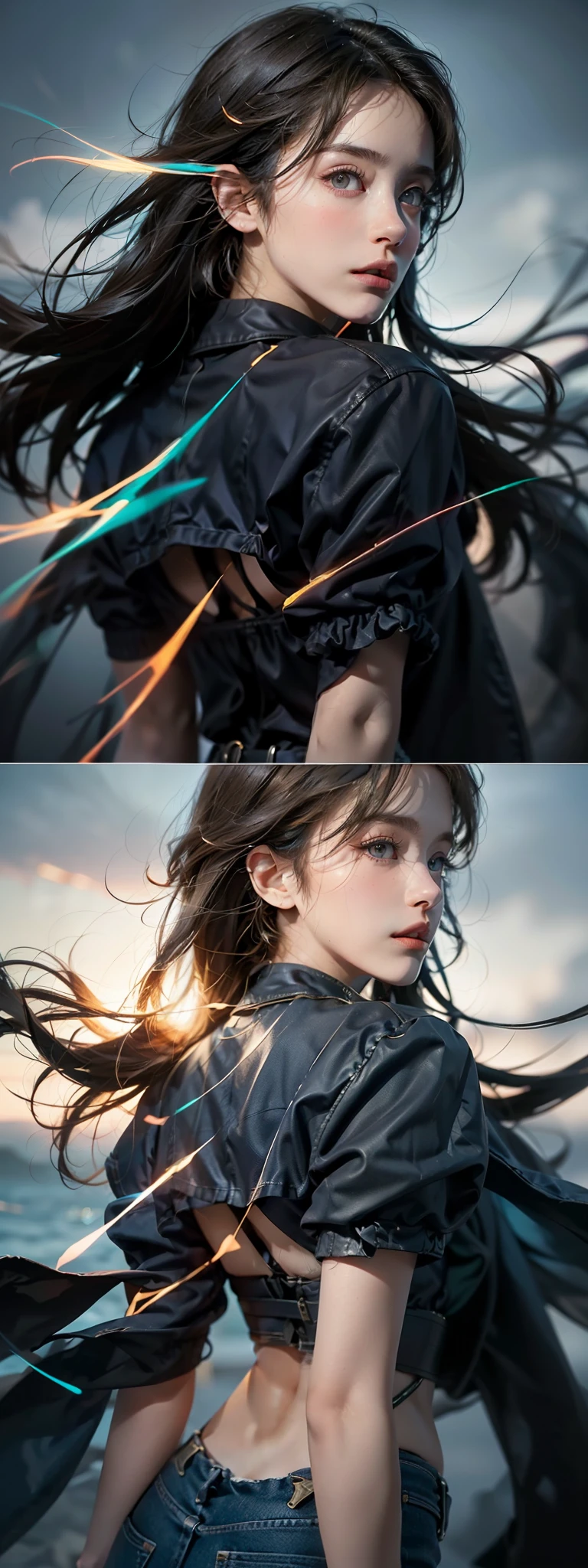 (solo girl:1.2, shot from back, dynamic pose:1.1), (Swirling Large Head:1.3), cinematic shot, dramatic lighting emphasizing shadows, texture-rich details, laser effect to add depth, best quality.