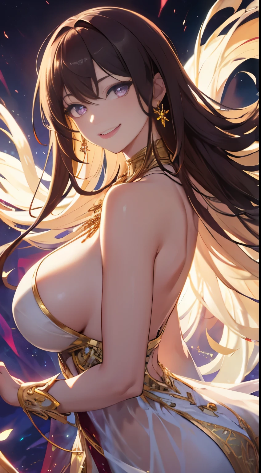 long brown hair, purple eyes, big breasts, big ass, red necklace, fantasy, naughty smile, detailed face features, vibrant colors, glowing background, ethereal atmosphere, intricate details, shiny hair strands, alluring gaze, magical aura, flowing dress, dreamlike setting, enchanting beauty, mesmerizing charm, supernatural powers