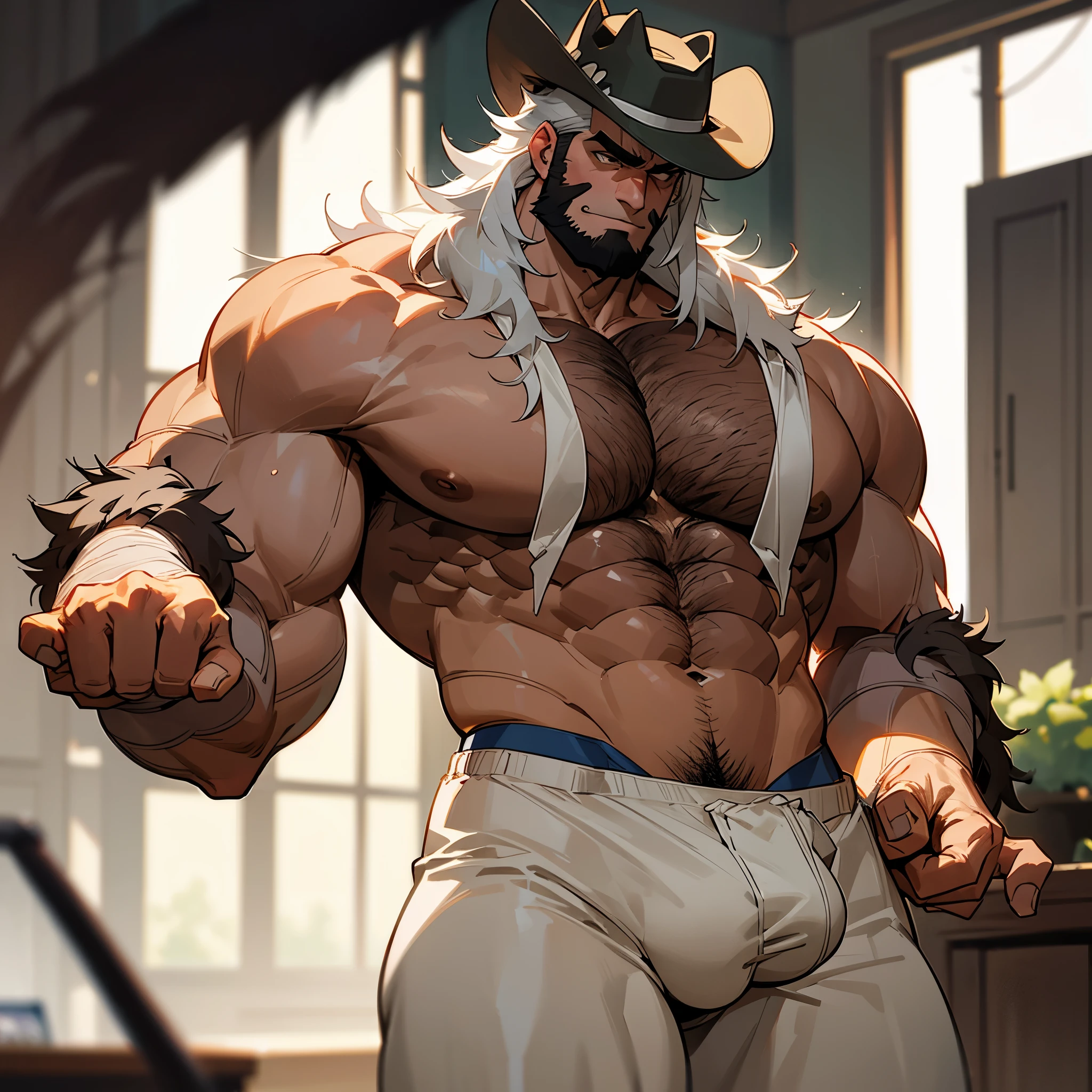 Muscular cowboy man, manly, bearded, very hairy, sexy cold stare, with cowboy hat, big pecs, bigger chest, sexy body, big legs, big biceps, big arms, shirtless, sweaty, hot, horny, very horny, erotic, older, age 60, gray colored hair, furry chest, chest full of hairy, chest hair, big belly, in underwear, white boxer briefs, big bulge, bulging, erected bulge, White hair