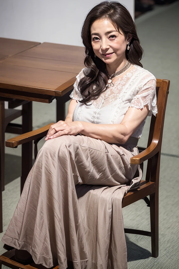 (masterpiece, highest quality), japanese mature, (alone), 60 years old, (wrinkles around the eyes:1.55), big breasts, mature woman, Glamour, Sexy, pure white skin, looking at the viewer、(super big breasts:1.28)、(Wavy Longhair)、small diamond necklace、earrings、(((blouse, maxi skirt)))、short boots、smile、Public place、cross your legs、sit on a chair、full body photo、