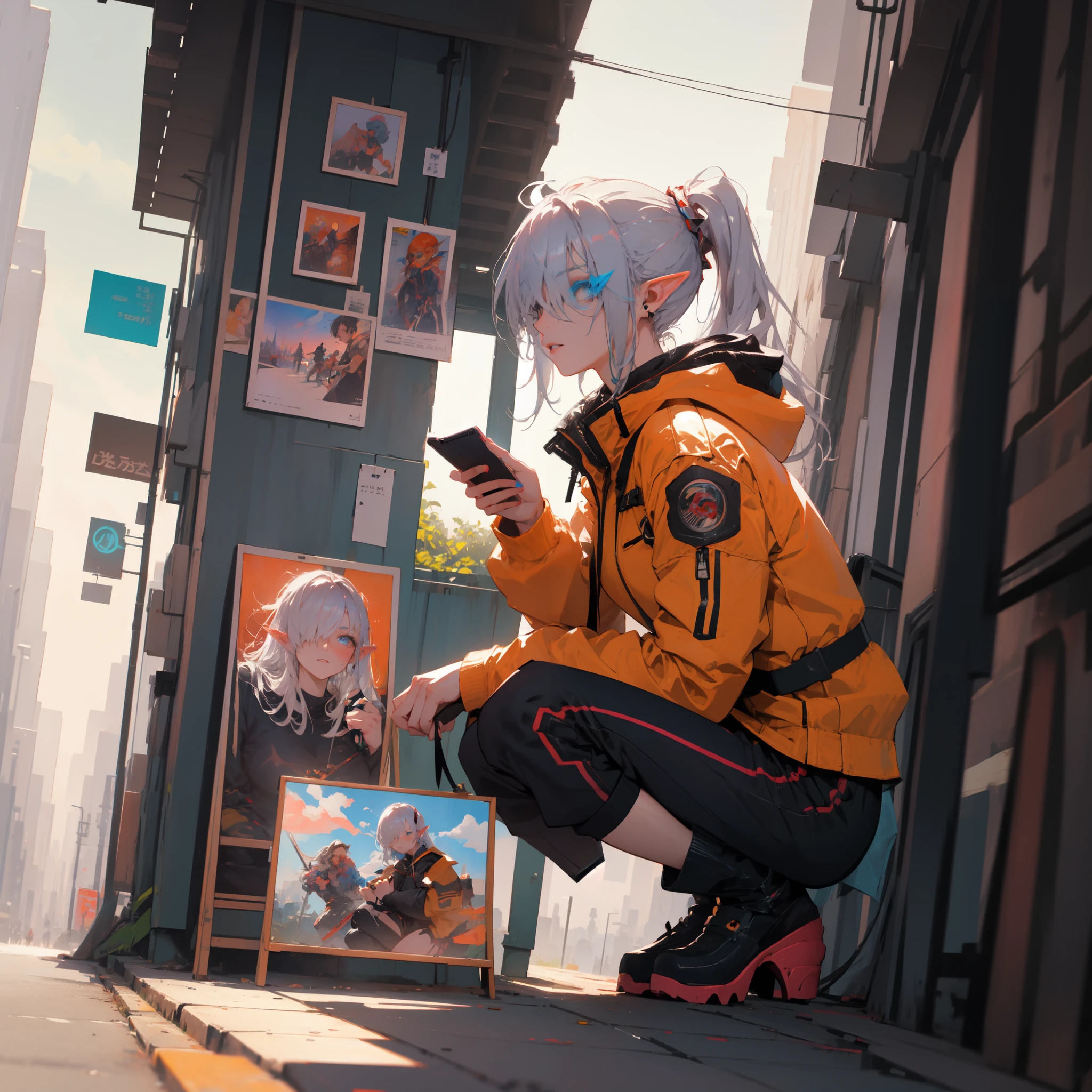 ((masterpiece )), (top quality), (best quality), ((ultra-detailed, 8k quality)), Aesthetics, Cinematic lighting, (detailed line art), absurdres, (best composition), (high-resolution), Watercolor wash painting, muted colors, warm colors, best quality, delicate brushwork,
BREAK,
Beauty cyberpunk elf girl, Confident elf girl, orange jacket, white and yellow techwear clothing, yellow and black safety tapes, Simon Bisley style, ((squatting)), from side, (holding smartphone,In the right hand), Focus on smartphone screen, Sharp focus, Anime painting, Detailed Cloth Texture, Intricate details, artstation, brush stroke painting in cyberpunk style by Yoji Shinkawa, by Mikimoto Haruhiko,
BREAK, 
painting style background, ((At the bus stop)), downtown, Cyberpunk dazzling cityscape, neon, crowded), (depth of field:1.2), (blurry background:1.2),the style of Mikimoto Haruhiko, Artgerm, Kentaro Miura style,
BREAK,
highly detailed of (elf), (1girl), solo, perfect face, details eye, ahoge, ((long hair:1.2)), (hair over one eye:1.3), [[Messy hair]], shiny blonde white hair, blue eyes, multicolored hair, (eyelashes, eyeshadow, pink eyeshadow), smile, design art by Mikimoto Haruhiko, by Kawacy, By Yoshitaka Amano,
BREAK, 
((perfect anatomy)), perfect body, Abs, medium breast, best hands, perfect face, beautiful face, beautiful eyes, perfect eyes, (perfect fingers, deatailed fingers), correct anatomy, 