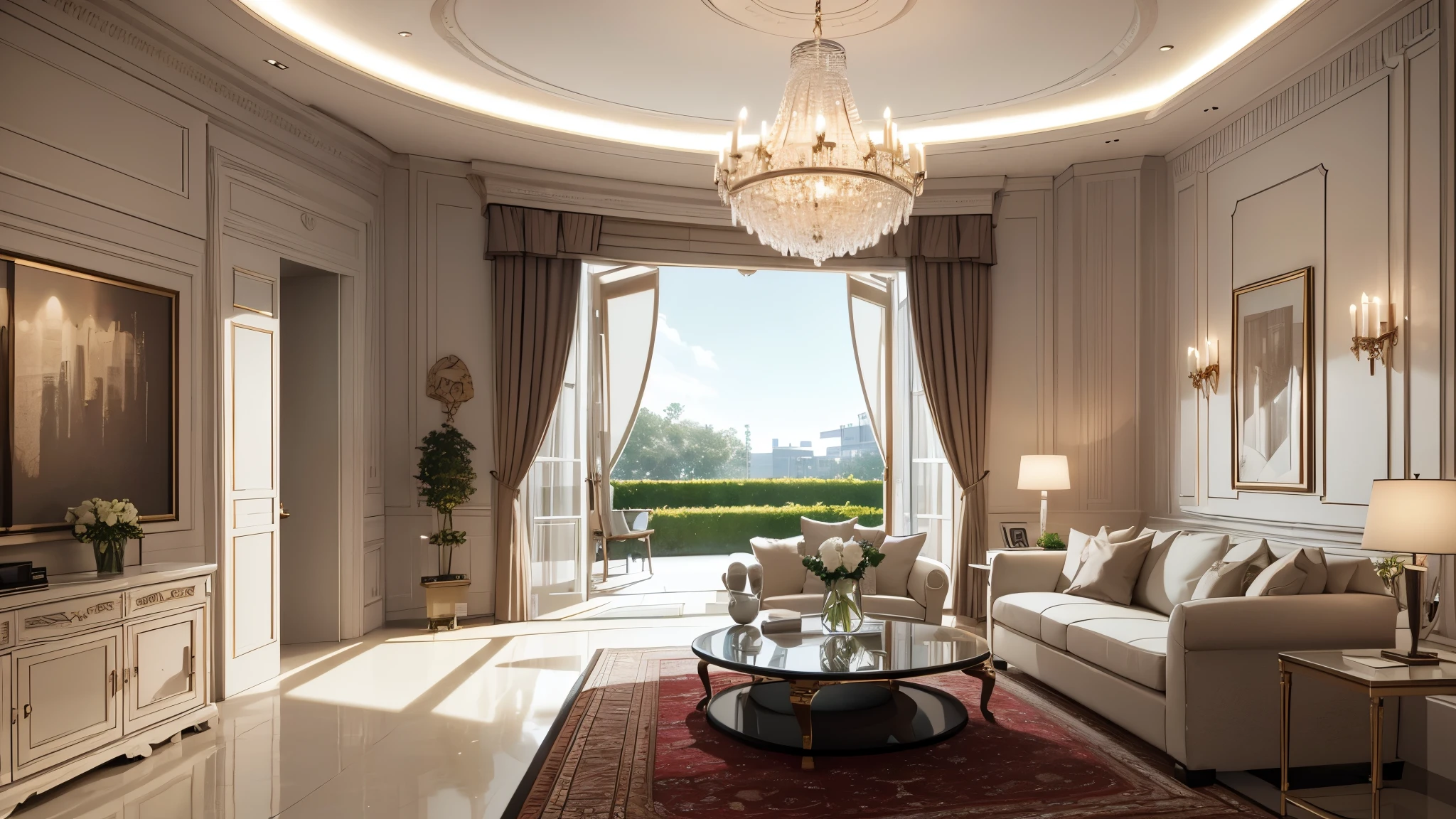 You are a famous interior designer、You have been asked to create a 3D image of a modern large room. Create a harmonious environment with modern and minimalist furniture. Including garden interior.