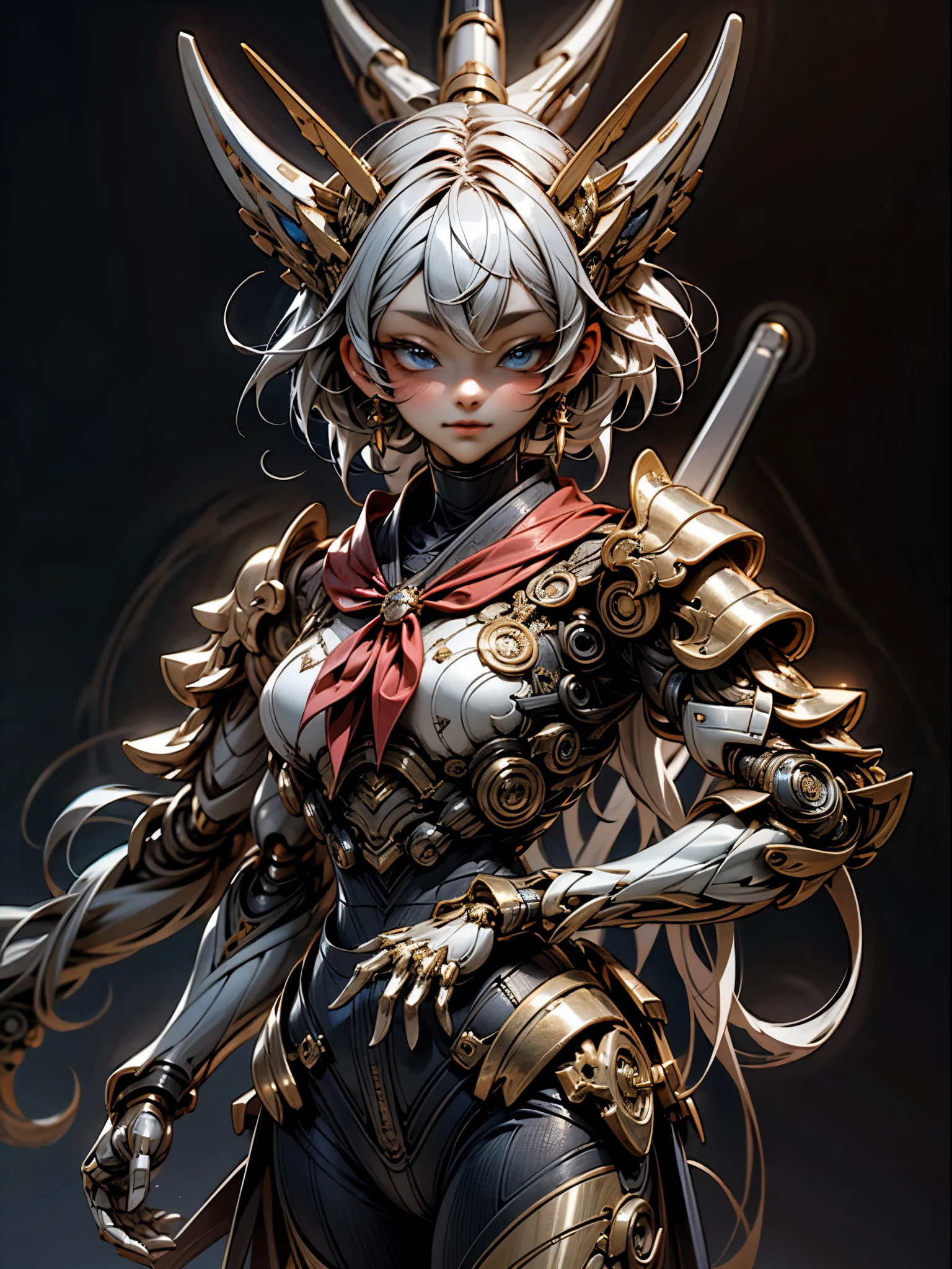 masterpiece,best quality,official art, extremely detailed CG unity 8k wallpaper,absurdres,8k resolution,dark_fantasy, ,(,samurai Mechanical complex,multi-layered ,extremely meticulous samurai armor blue :1.1),1girl,Mechanical Wonder,exist,cybernetic guardians,red neckerchief,laboratory,Cinematic Lighting,metallic luster,exquisite facial features,prefect face