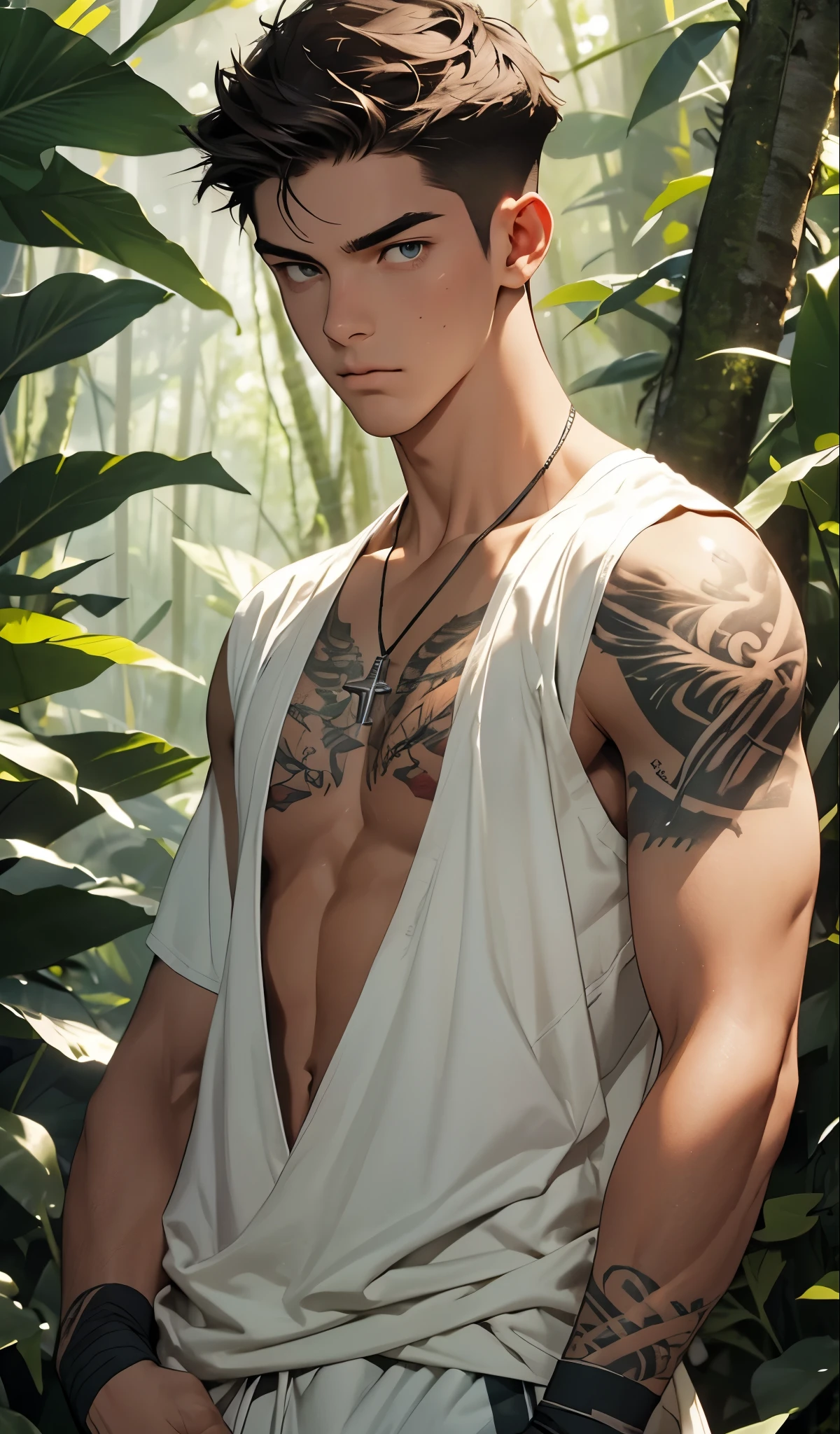 1 boy,tall and strong,perfect male figure, eyes looking at camera.(sports student), ((skin)),(tattoo),short hair,Bandage wrist guards，Feather necklace,serious expression, standing in forest,Rainforest,Ray tracing，glowing eyes